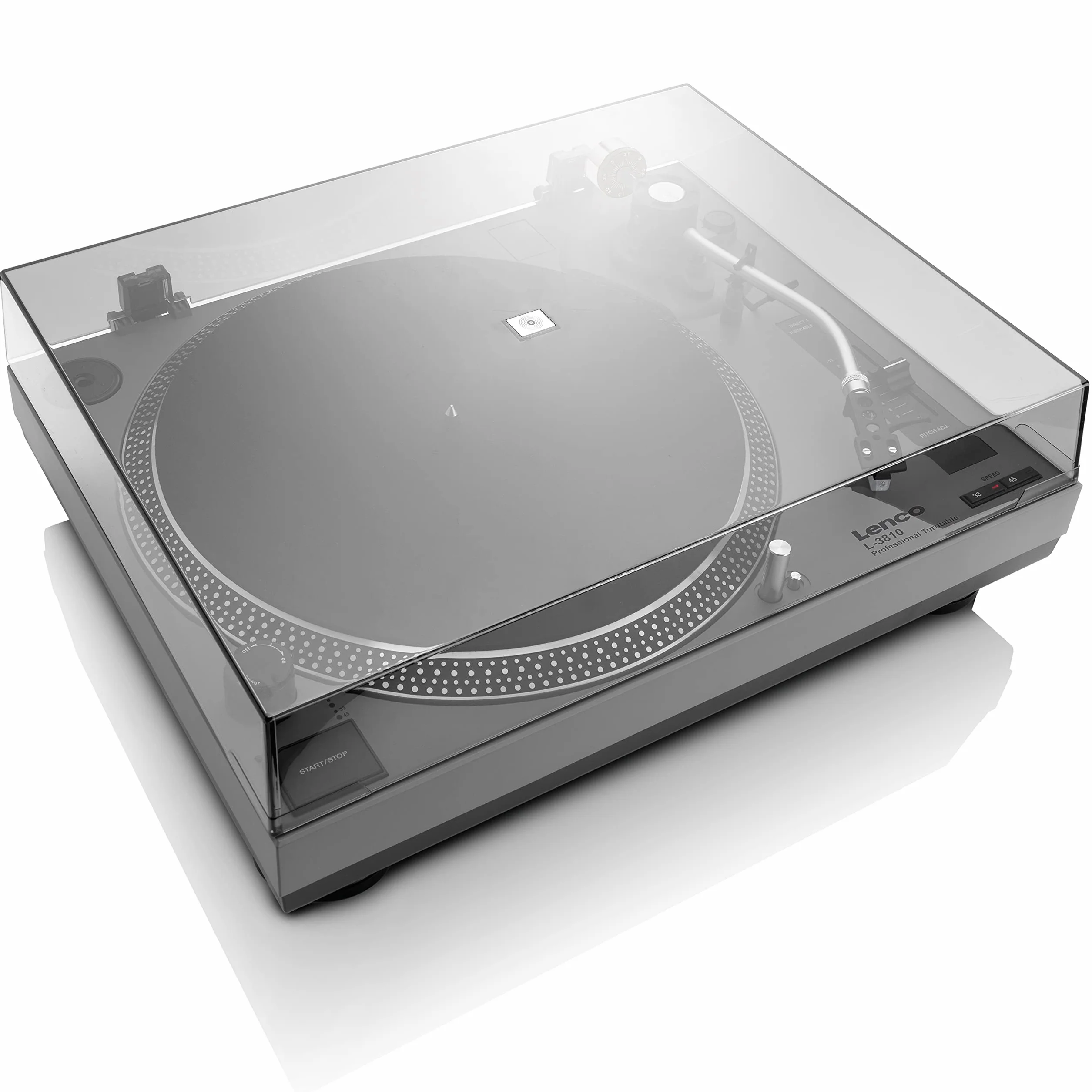 Lenco L-3810 gramofon z napędem bezpośrednim – gramofon DJ – 33/45 obr./min – Pitch Control – system magnetycznego odbiornika dźwięku – oświetlenie igły, kontrola Pitch Control – matowy szary