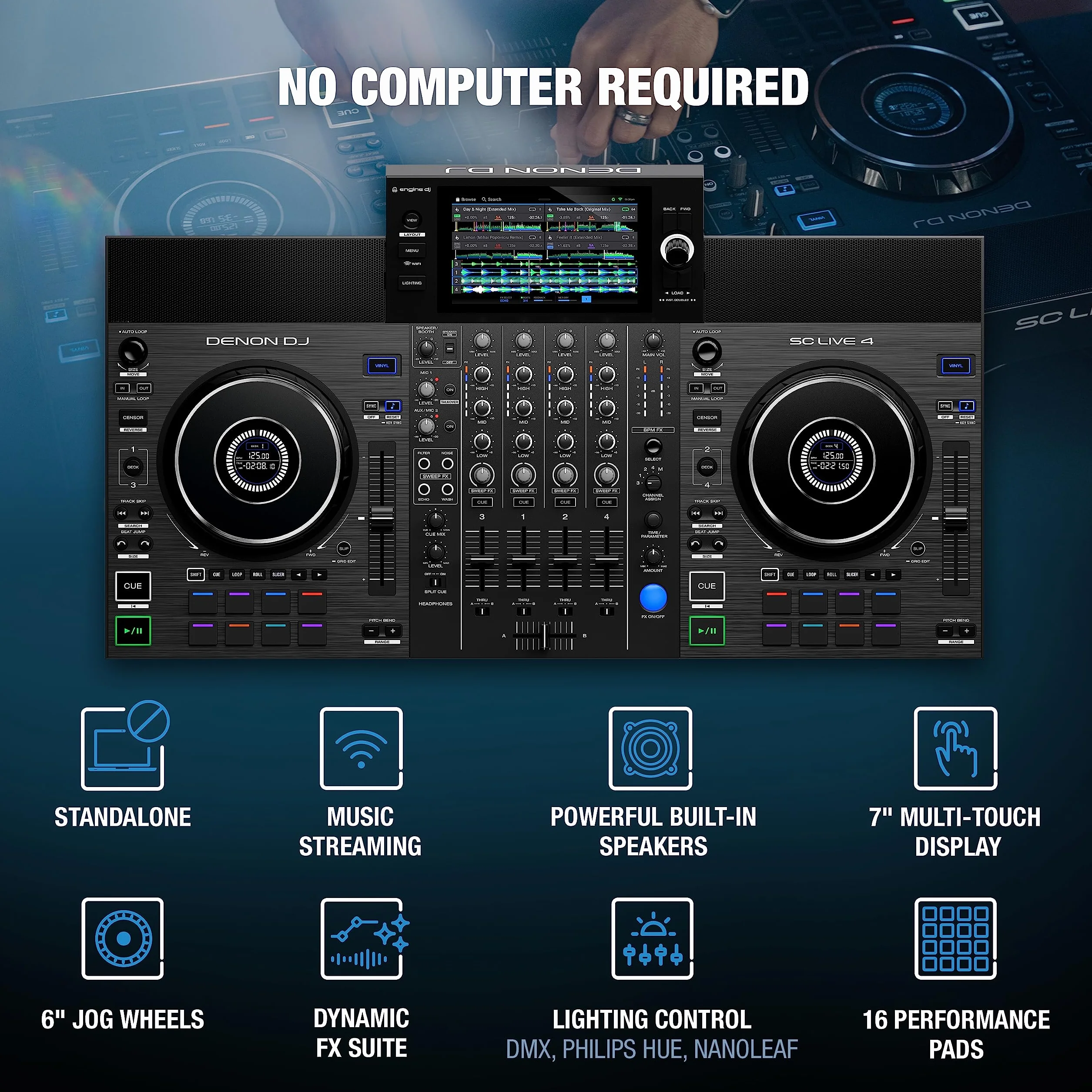 Denon DJ SC LIVE 4 Kontroler DJ z Separacją Stemów na 4 Deckach, Streamingiem Wi-Fi, Wbudowanymi Głośnikami, Kompatybilny z Serato DJ i Virtual DJ