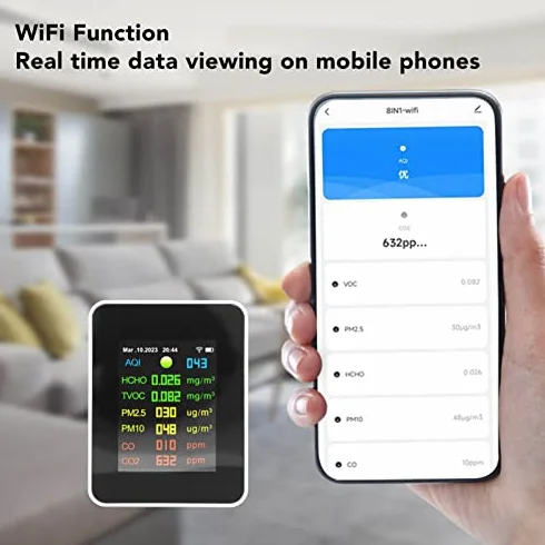 Tester jakości powietrza, Monitor Jakości Powietrza 9 w 1, WiFi PM2.5, PM10, HCHO, Zanieczyszczenia Organiczne, CO, CO2, Wielofunkcyjny Monitor