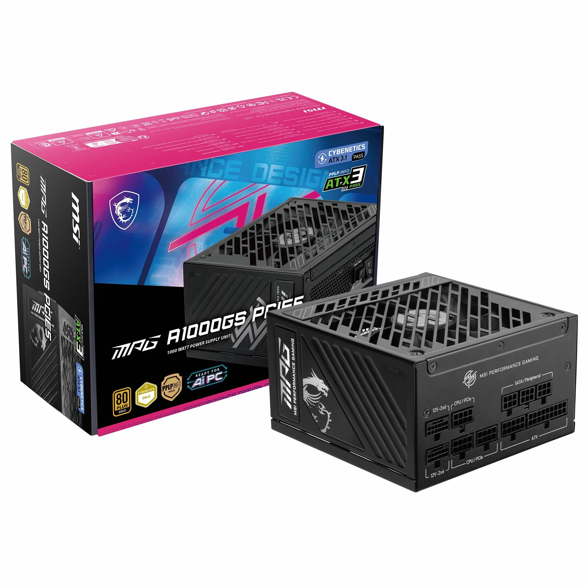 MSI MPG A1000GS PCIE5 ATX 3.1 zasilacz do gier - pełny modułowy - 80 Plus Gold Certified 1000W - 100% japońskie kondensatory 105°C - Zasilacz ATX - 10 lat