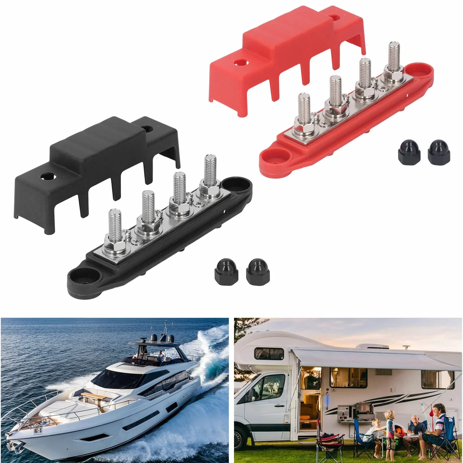 2 szt. Blok Dystrybucji Zasilania Blok Dystrybucji Zasilania, Szyna Zbiorcza 48 V Szyna Zbiorcza DC 48 V 250 A, śruba M8 4 Terminal Stud Blok Dystrybucji Zasilania dla Auto