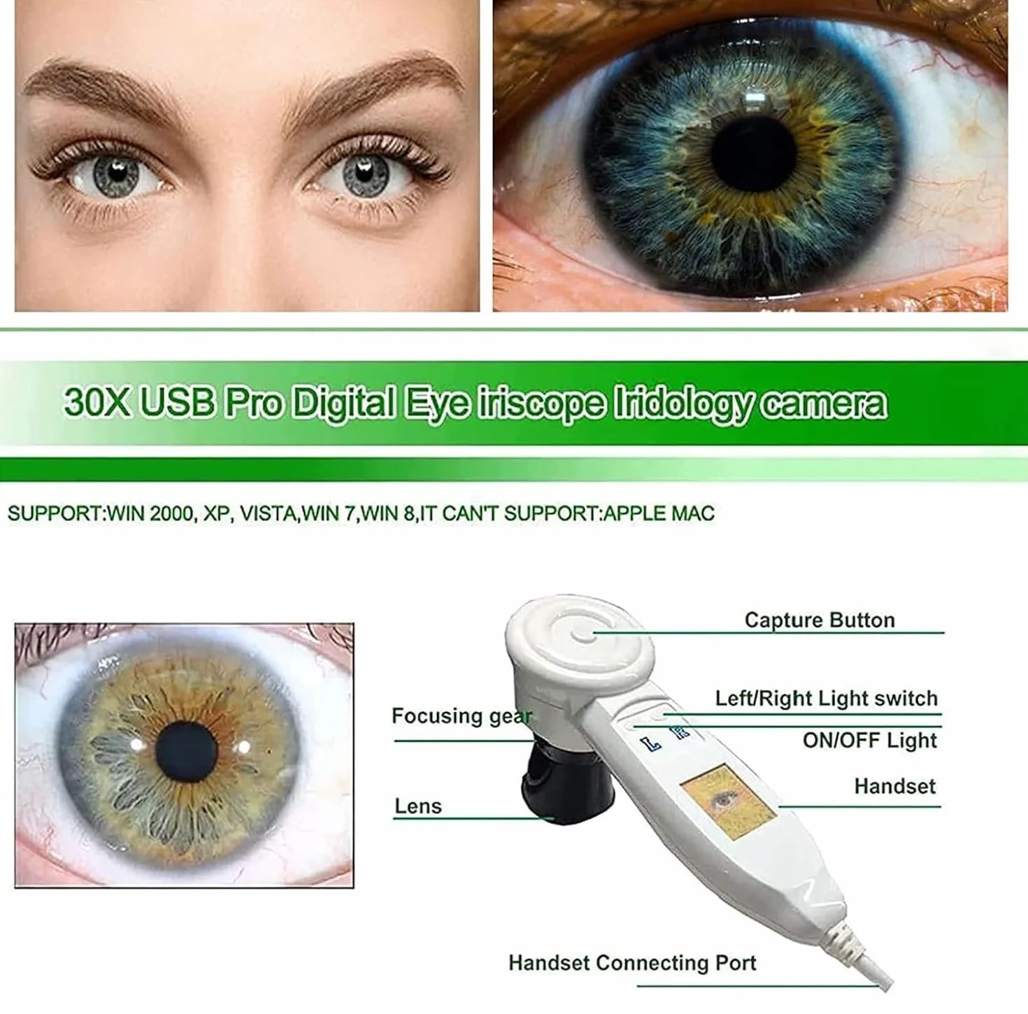 Analizator tęczówki USB Irydoskop, kamera o wysokiej rozdzielczości z obiektywem HD 30x Iris i oprogramowaniem do analizy, precyzyjna kamera irydologiczna do szczegółowego badania wzroku.