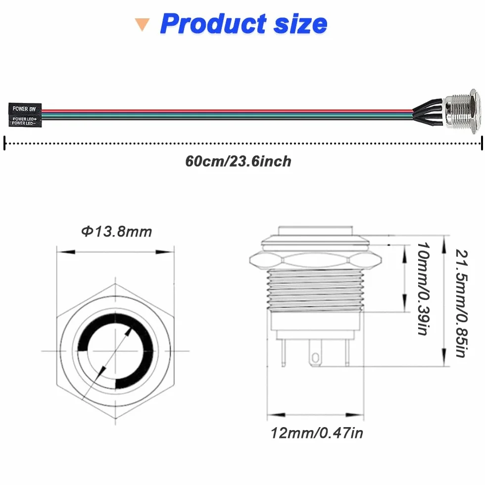 Metalowy kabel guzikowy przełącznik hosta LED ON/OFF ATX Power Button 12 mm zielony
