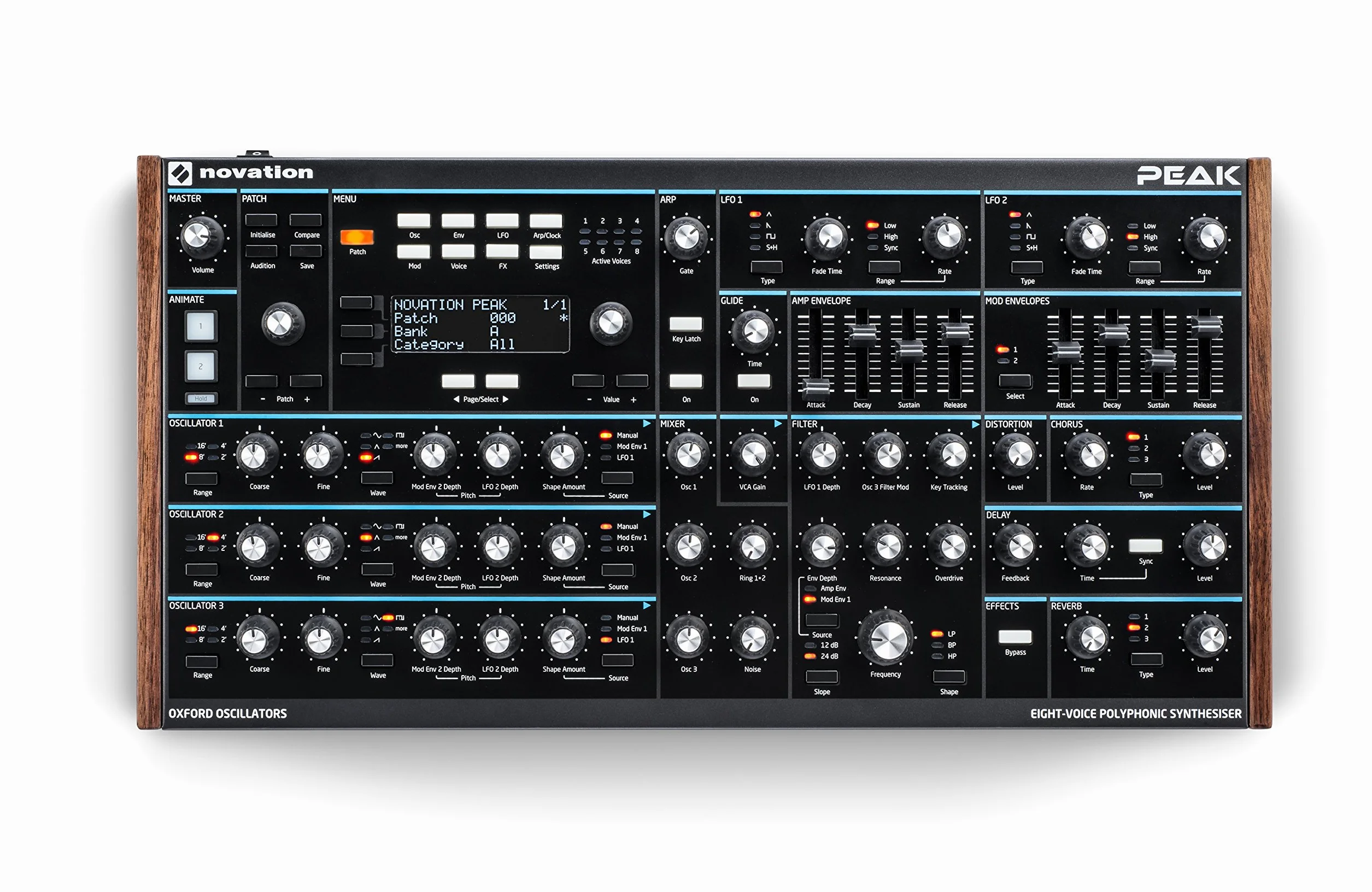 Novation Peak 8-głosowy pulpit polifoniczny syntezator z 2 LFO na głos, 16-gniazdowa matryca modulacyjna, 3 analogowe punkty zniekształceń i efekty cyfrowe