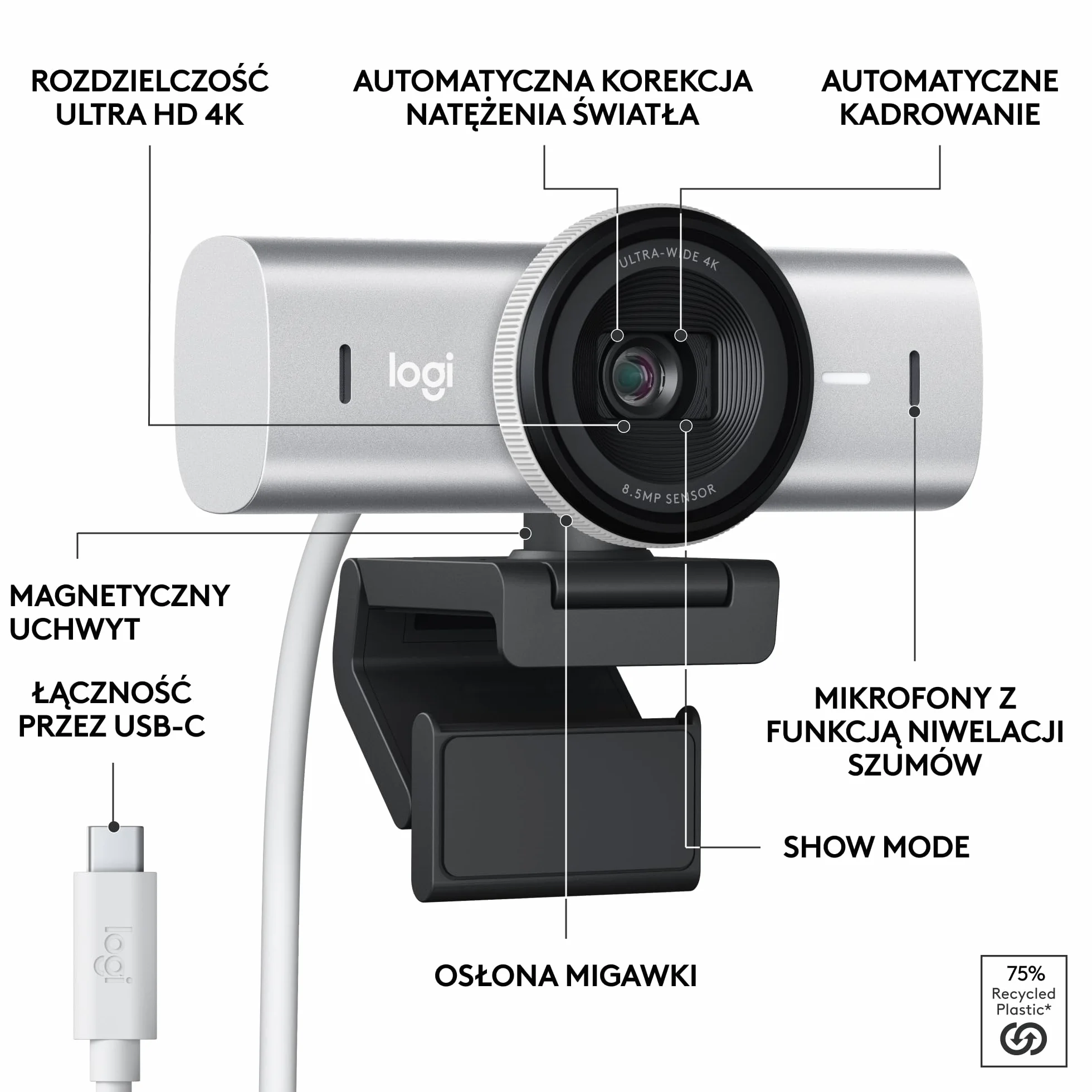 Logitech MX Brio Ultra HD 4K do współpracy i streamingu Kamera, 1080p przy 60 kl./s, mikrofony z podw. redukcją szumów, Show Mode, USB-C, osłona, działa z Microsoft Teams, Zoom, Google Meet, Pale Grey