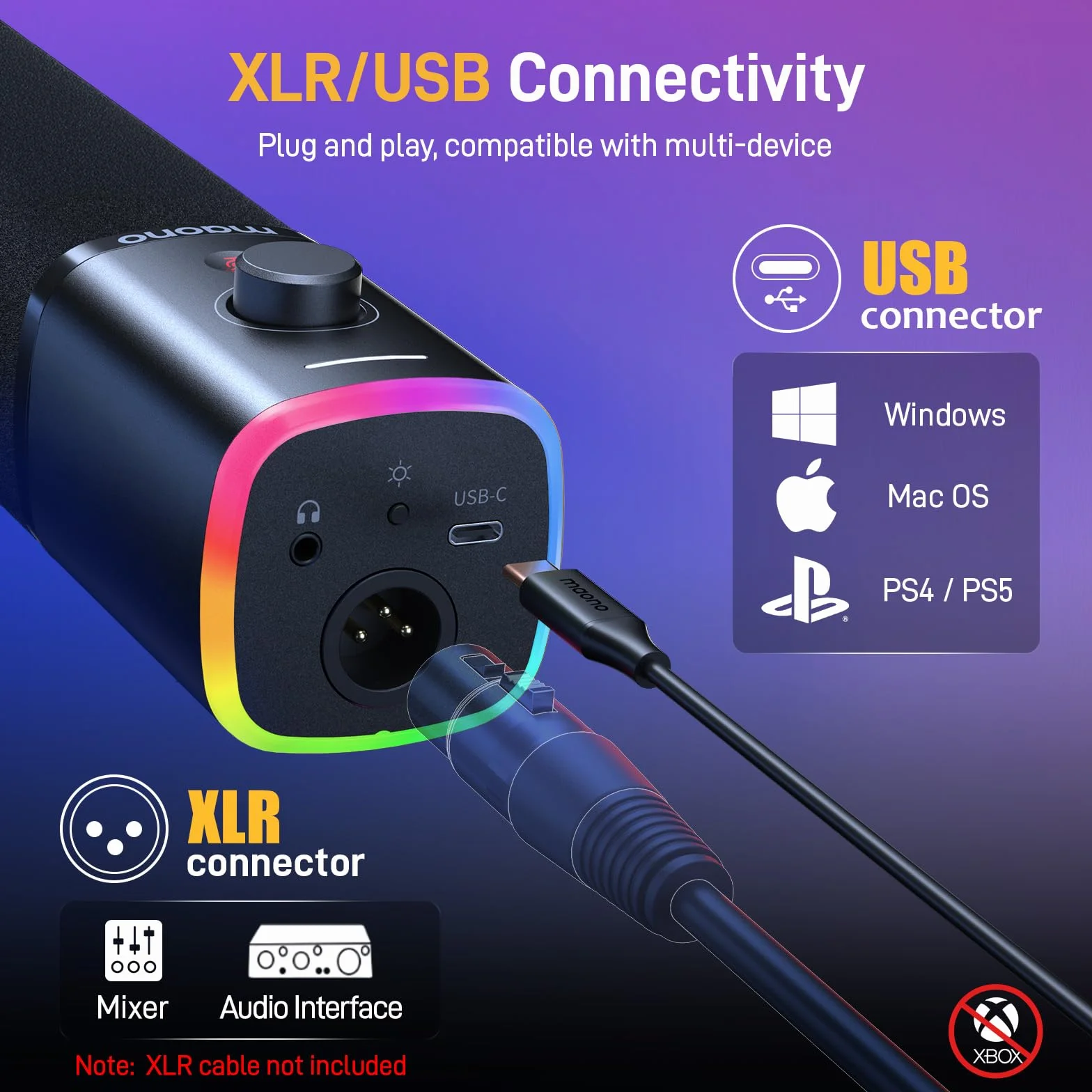 MAONO Dynamiczny mikrofon gamingowy XLR/USB z ramieniem wysięgnika, przycisk wyciszenia, sterowanie wzmocnieniem, RGB PC