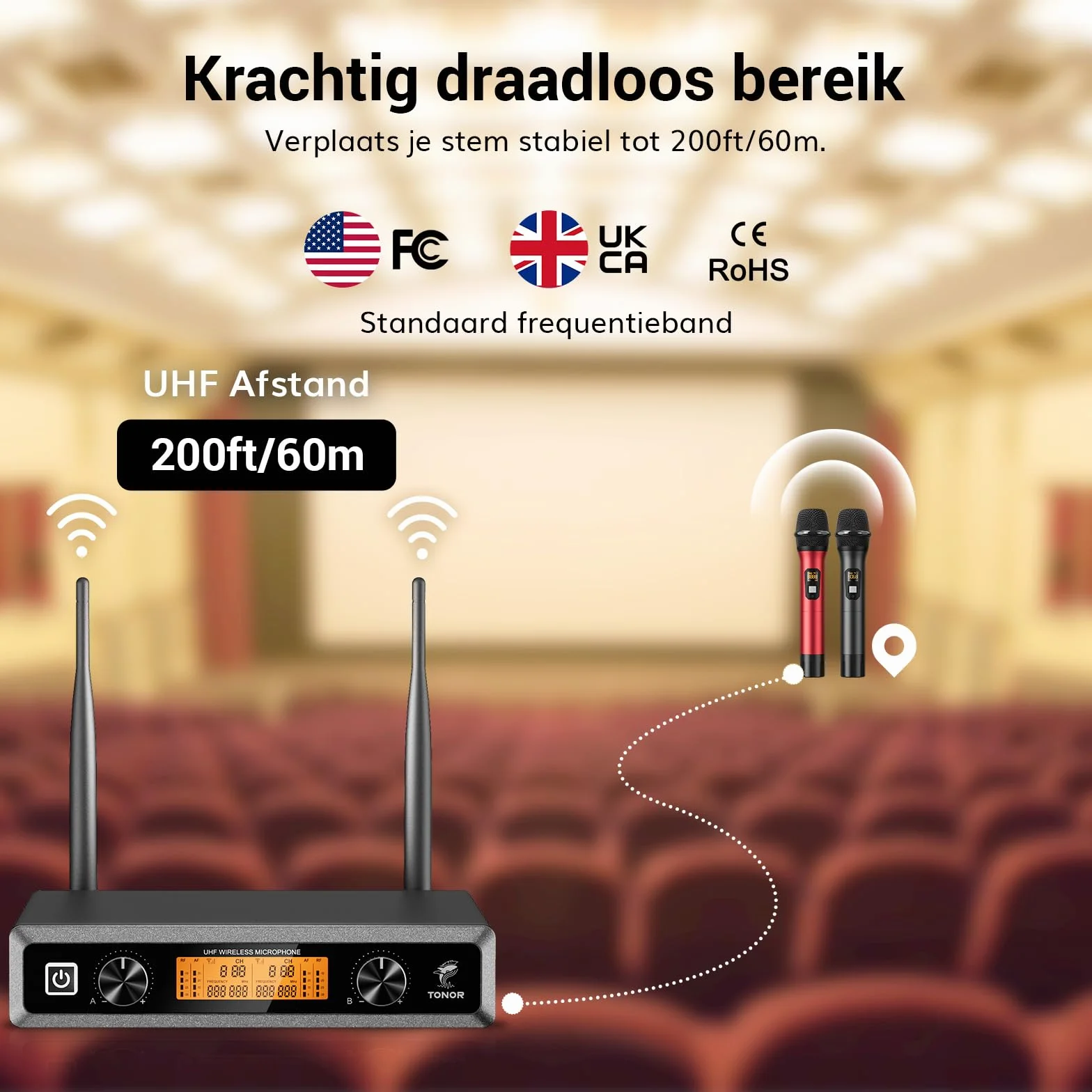 TONOR Bezprzewodowy Mikrofon UHF TW820, Podwójny Ręczny System Mikrofonowy, 60 m, Czarny i Czerwony