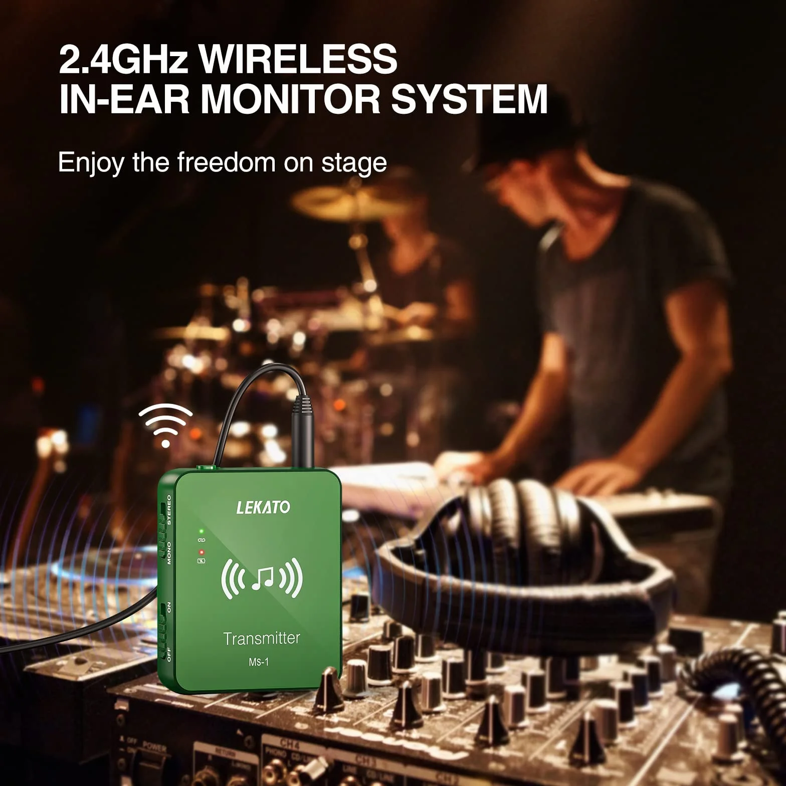 LEKATO MS-1 bezprzewodowy system monitorowania 2,4 G stereo IEM z nadajnikiem, odbiornik, automatyczne parowanie, do studia, prób zespołowych, występów na żywo (zielony)