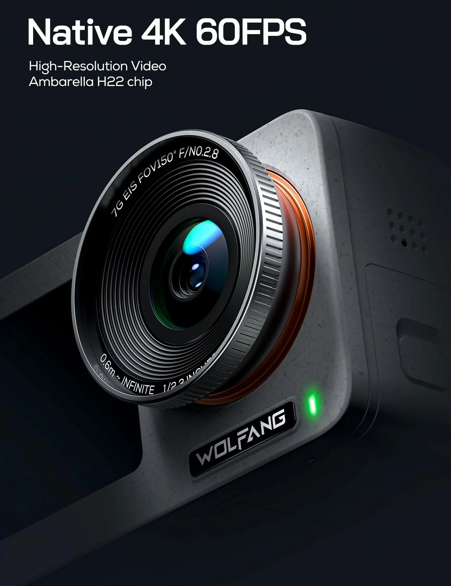 WOLFANG Seeker One White wodoszczelna kamera sportowa z wideo 4K60 Ultra HD, kolorowy wyświetlacz z dwoma ekranami, kamera podwodna o długości 16 m, transmisja na żywo, kamera internetowa,