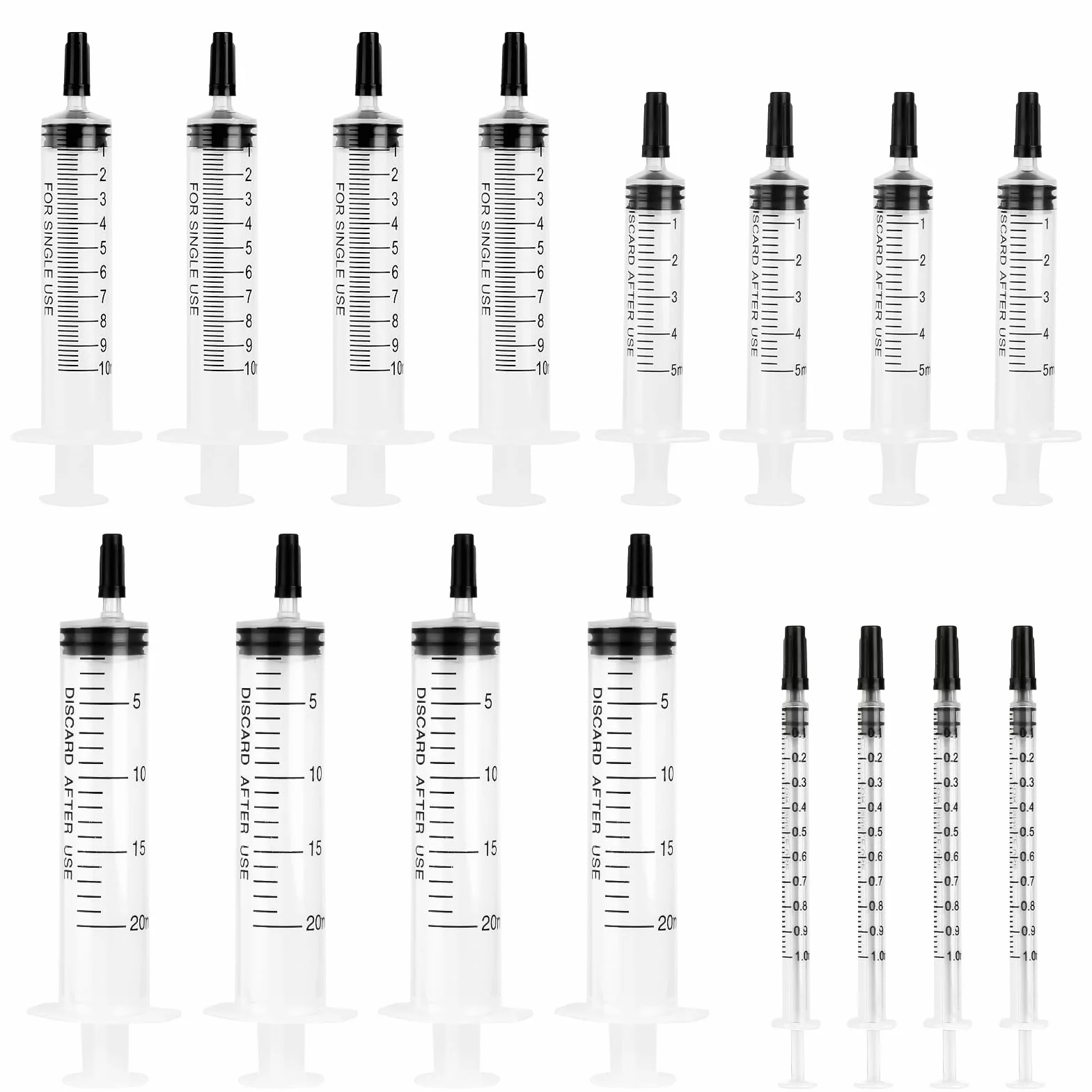 Strzykawki, 16 sztuk strzykawek z tworzywa sztucznego z czarną wtyczką, strzykawki 20 ml/10 ml/5 ml/1 ml, jednorazowe strzykawki do laboratorium, do karmienia zwierząt, oddzielania płynów,