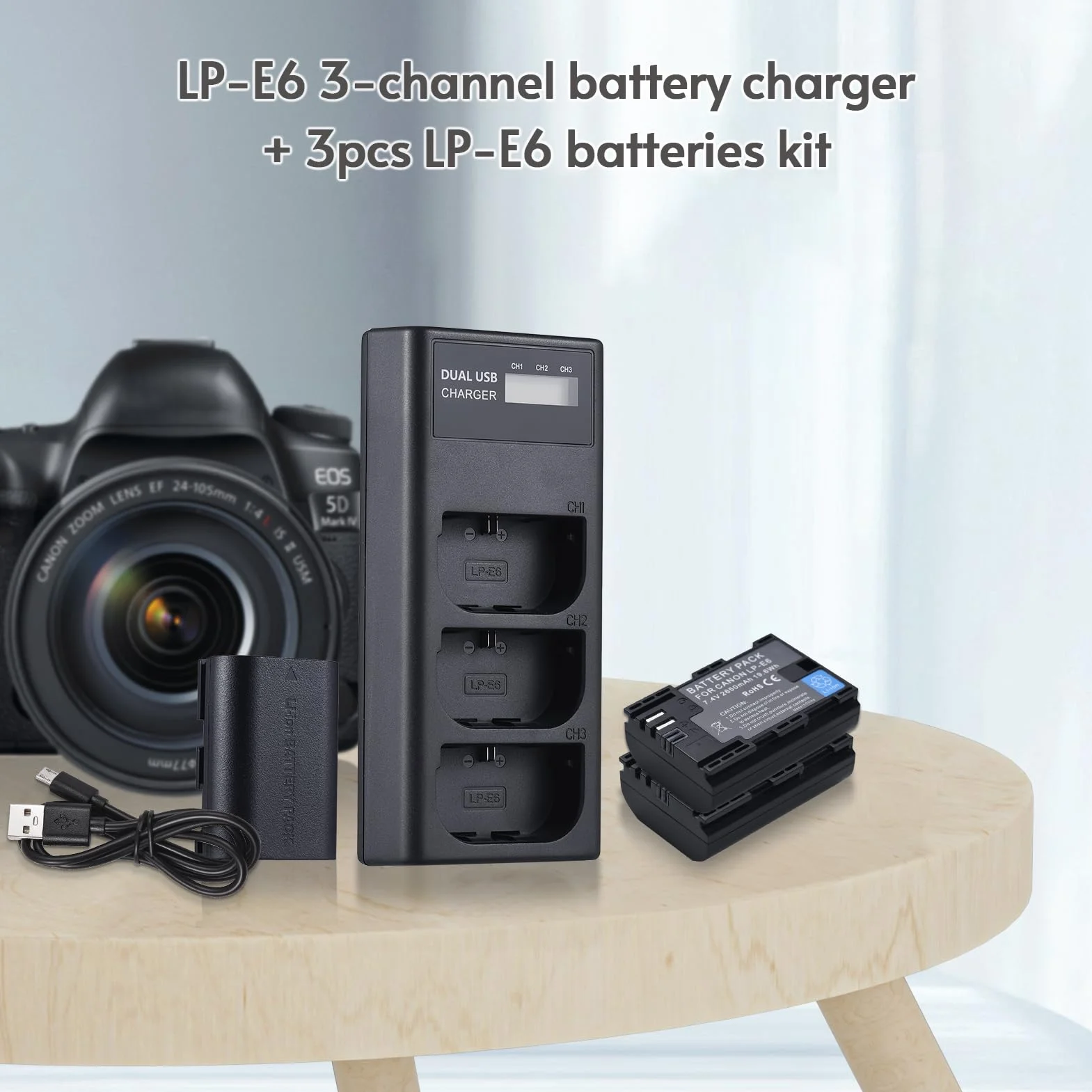 Andoer LP-E6 akumulator zamienny i zestaw ładowarki, ładowarka 3 gniazda + 3 akumulatory LP-E6 2650 mAh kompatybilne z Canon EOS 5D Mark II III IV/5DS/5DS R/6D/6D Mark II/7D Mark II/60D/70D/80D/90D