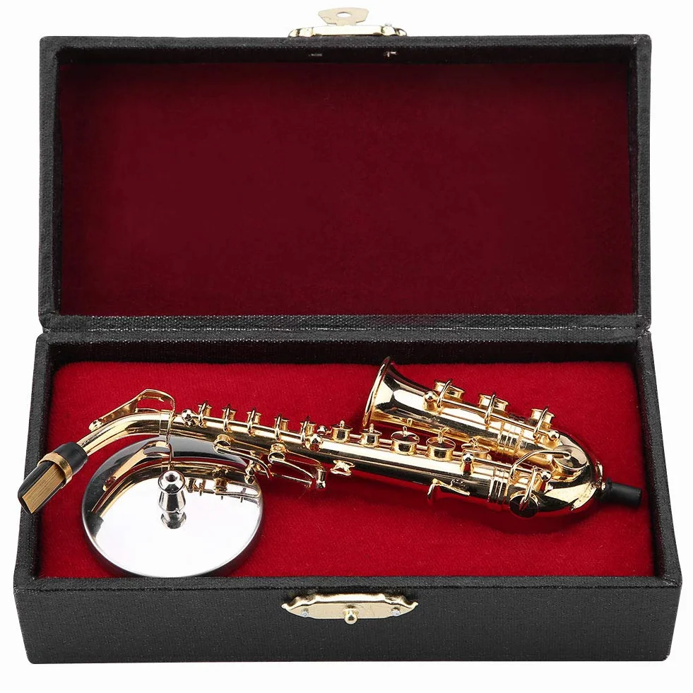 Miniaturowy stary saksofon delicated pozłacany mini instrument ornament z etui, idealny i dekoracja