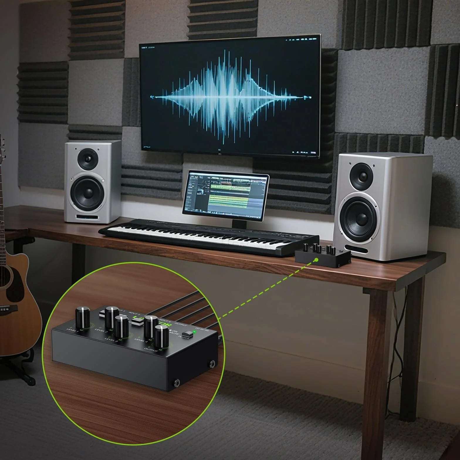 LiNKFOR 4-kanałowy mikser aktywny, 3,5 mm, mikser audio 4 w 1-out, mikser stereo z certyfikatem Master Volume zasilacz sieciowy, cicha, niezależna regulacja głośności do wzmacniaczy PC