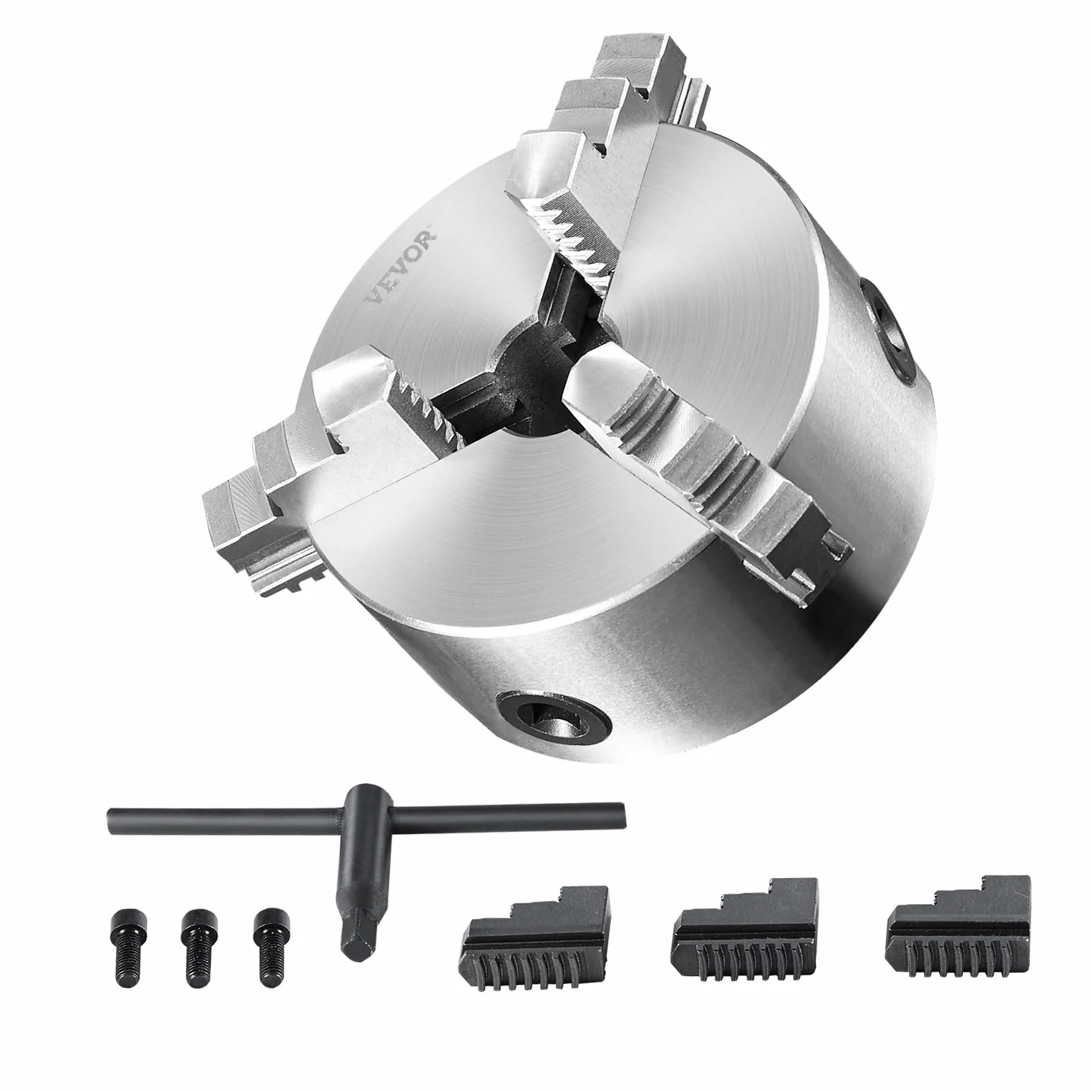 VEVOR 3-szczękowy uchwyt tokarski, 15 cm, samocentrujący uchwyt tokarski, 0,14-6,3 cala/3,5-160 mm, zakres zaciskowy ze śrubami mocującymi z kluczem T, odwracalne szczęki do tokarki, drukarki 3D,