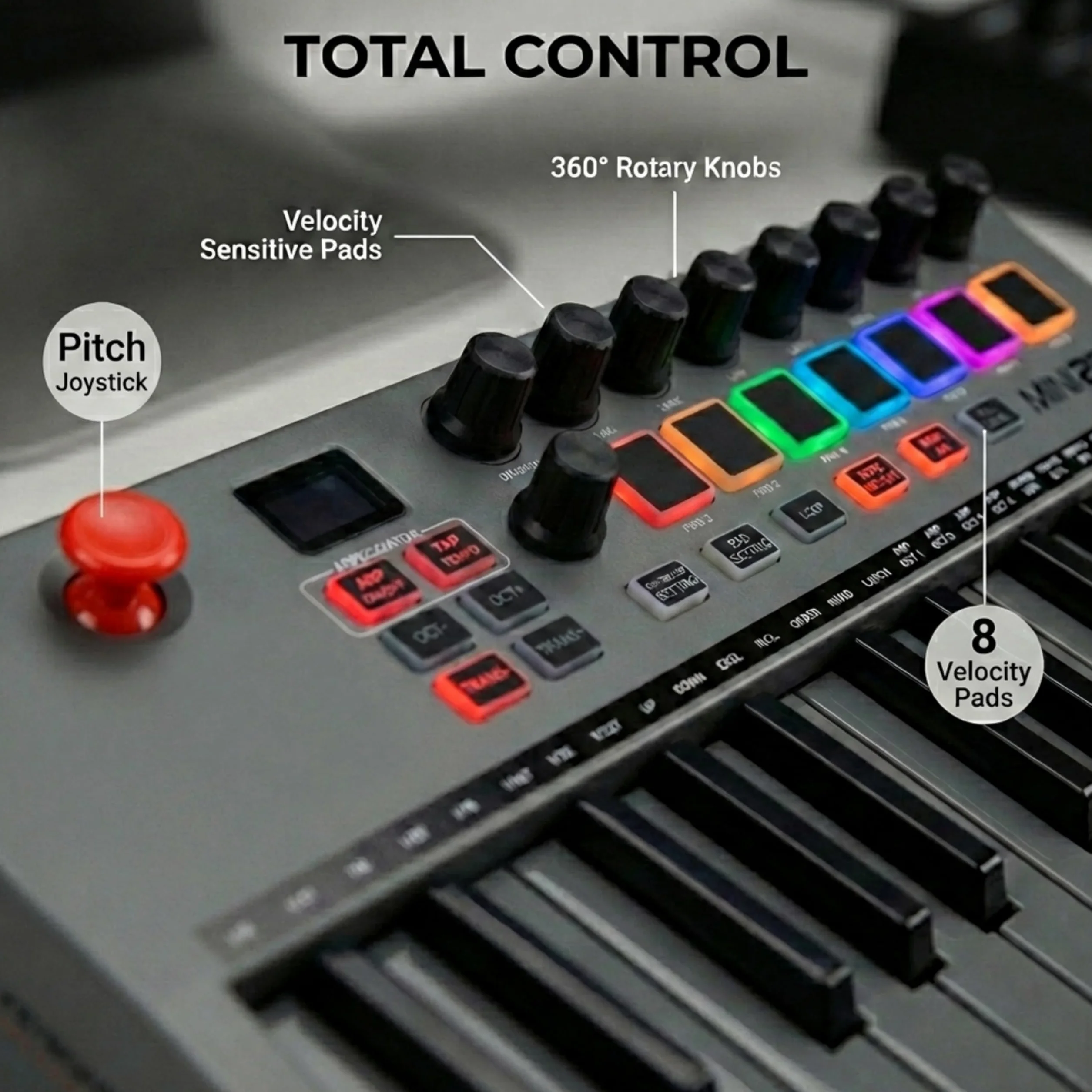 RockJam Go 25 kluczy USB i Bluetooth MIDI Keyboard Controller z 8 podkładkami perkusyjnymi tylnymi, 8 Knobs