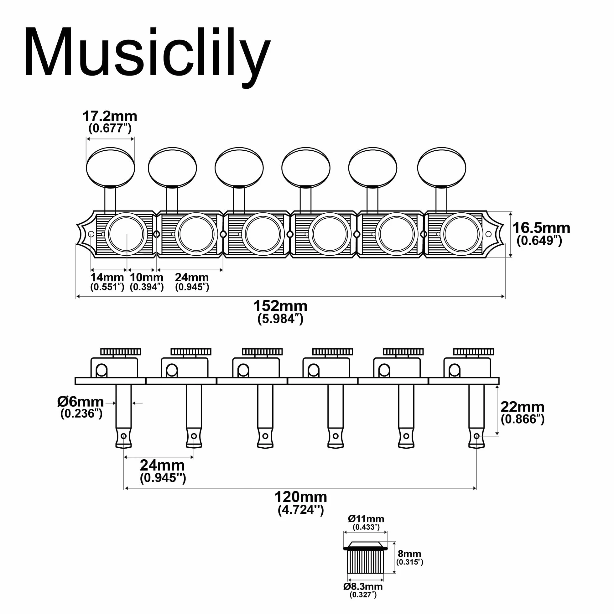 Musiclily Pro 6 w linii Vintage Tunery Blokujące Gitaryowe Klucze Blokowane Kołki do Strojenia do Gitary Elektrycznej Fender Squier Classic Vibe Strat Tele, Nikiel Owalny Plastik Główki