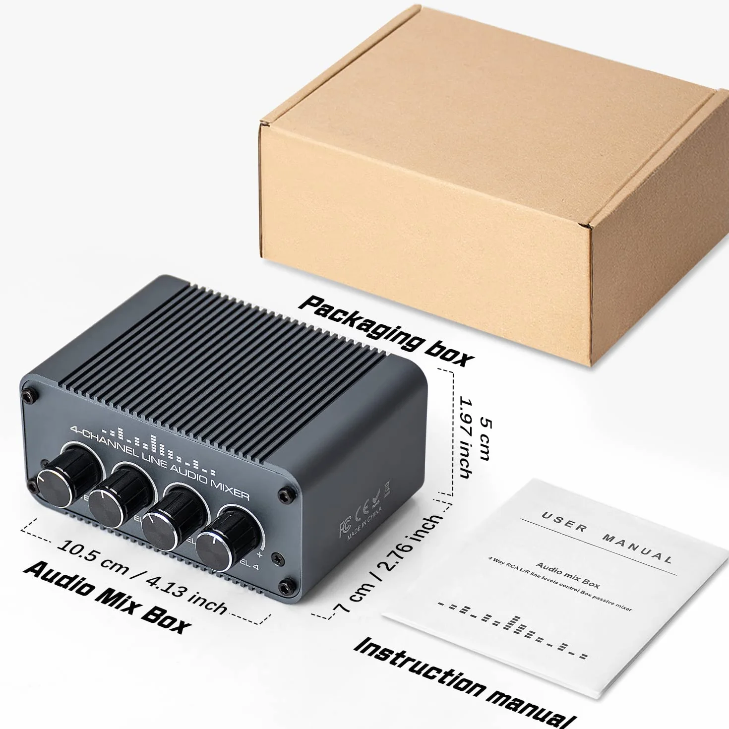 Tendak Mini Pasywny Stereo Mikser Audio 4 Kanałowy Cinch Mini-Mikser Stereo 4 wejścia 1 wyjście RCA L/R Mikser Audio z Oddzielnymi Regulatorami Głośności dla Mieszania Instrumentów, Komputera
