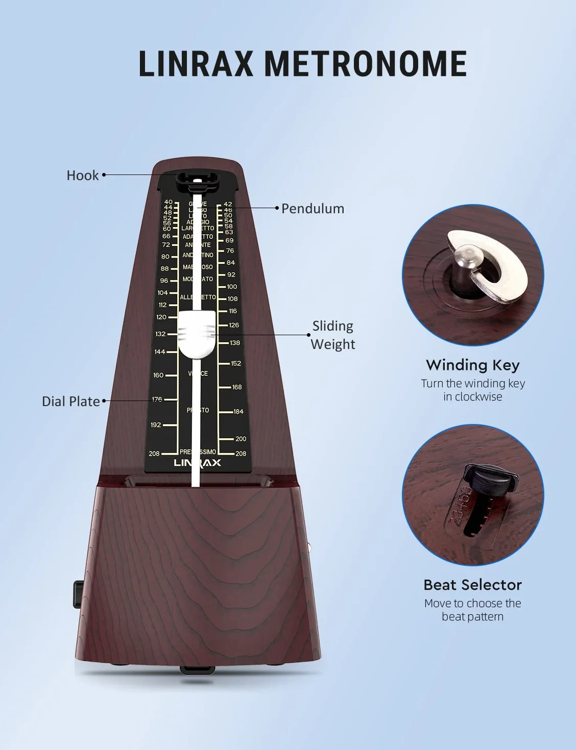 Mechaniczny Metronom M2 do Fortepianu, Gitary, Basu, Ukulele, Skrzypiec, Wiolonczeli, Bębna, Saksofonu, Trąbki i Innych Instrumentów Muzycznych