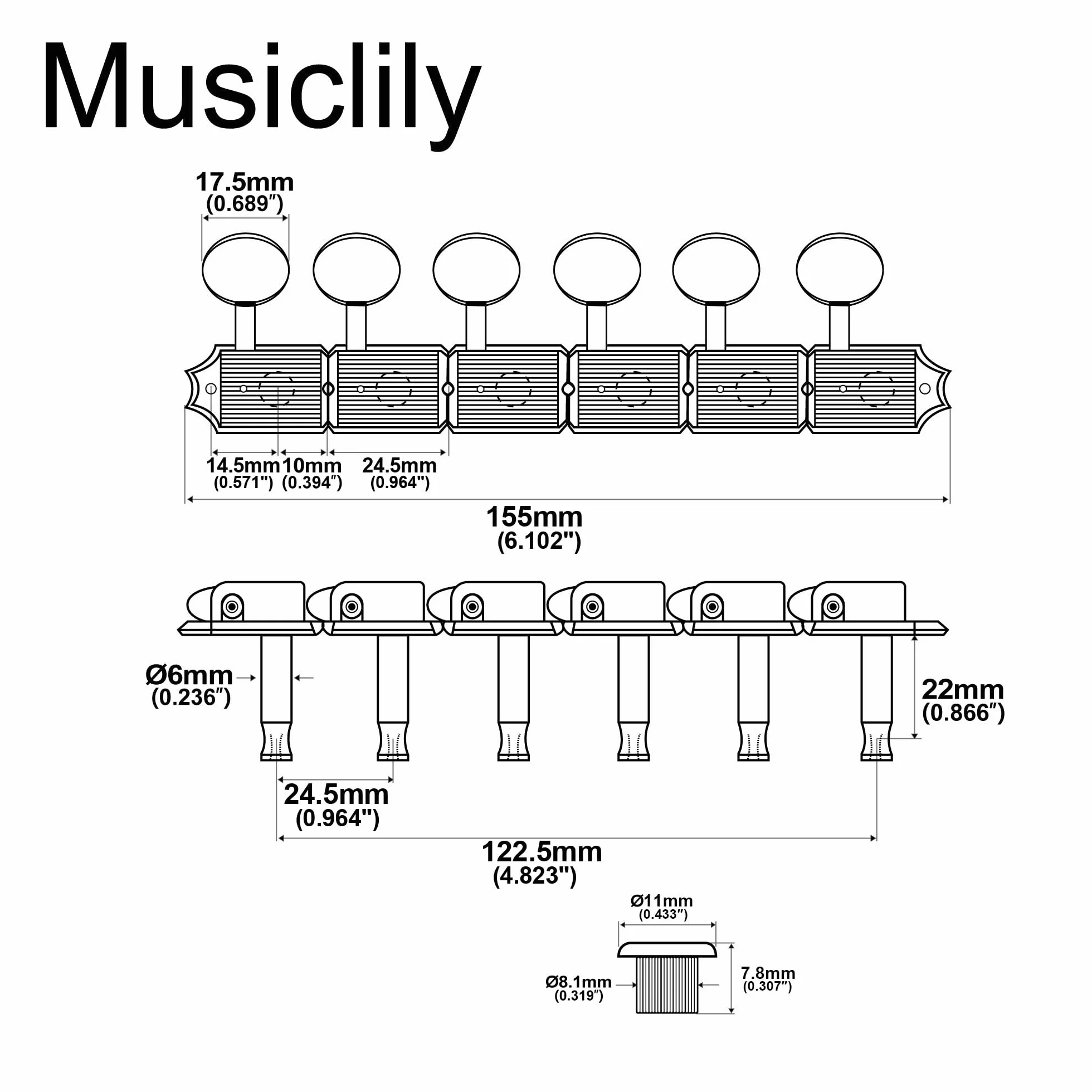 Musiclily Vintage 6 w Linii Klucze Gitaryowe Komplet do Gitary Elektryczny Fender Stratocaster/Telecaster, Chrom