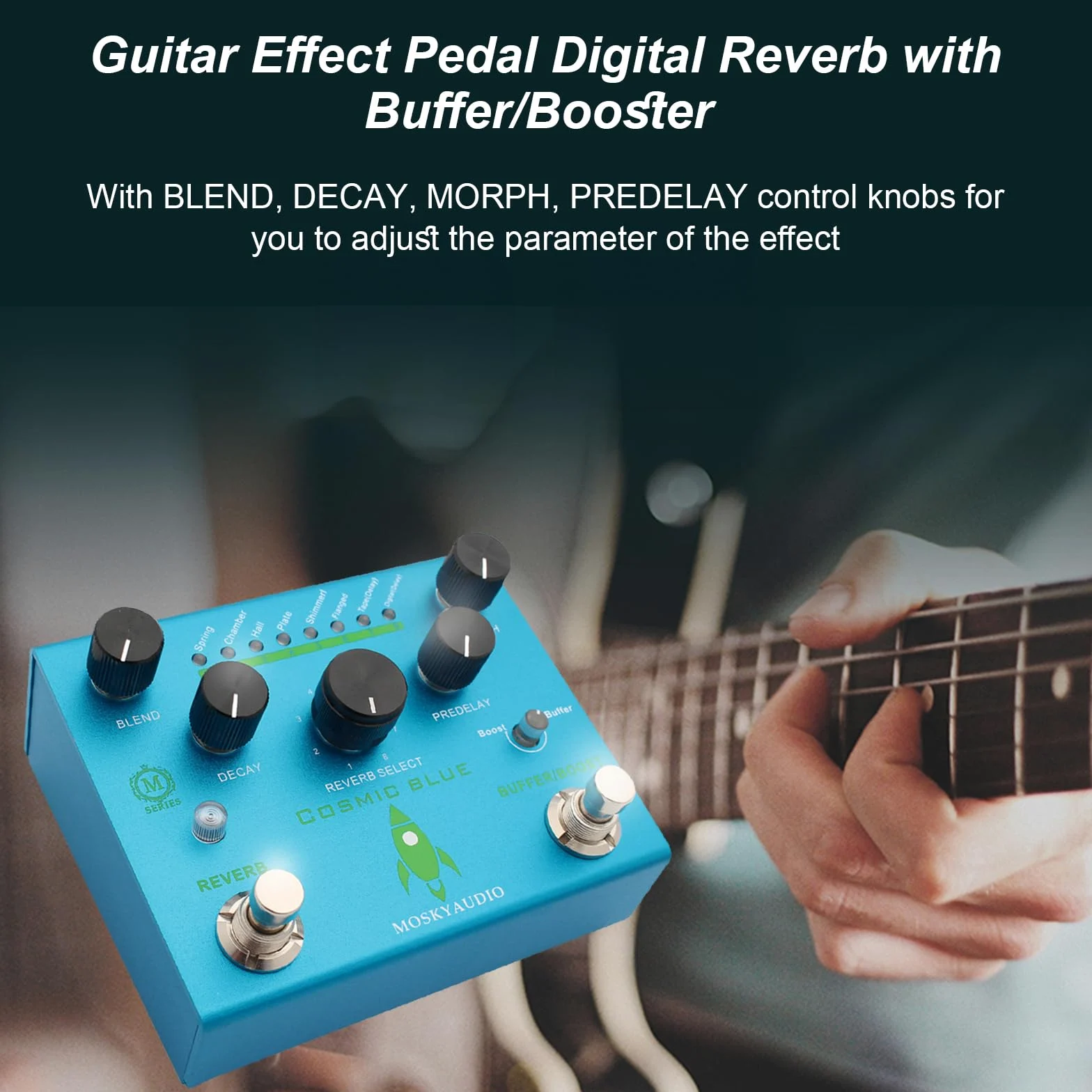 Pedał efektów gitarowych, pedał efektów gitarowych, cyfrowy pogłos z buforem/wzmacniaczem pogłosu, pedał gitarowy, podwójny przełącznik nożny, pedał pogłosu z 8-trybowym wyborem pogłosu do gitary