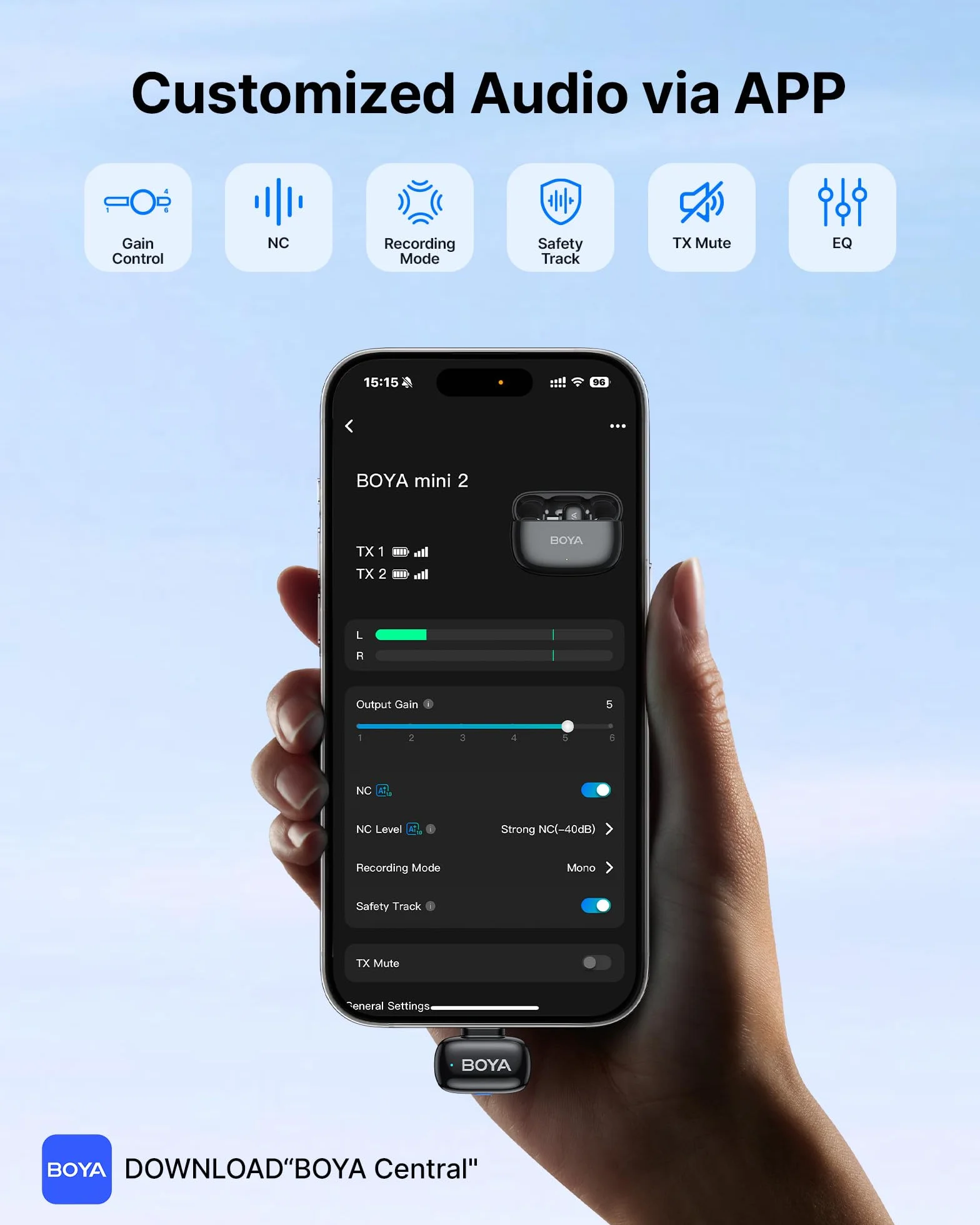 Boya bezprzewodowy mikrofon krawatowy do iPhone’a/iPada, Android, 2 mikrofony, 30h, zmiana głosu AI, czarny
