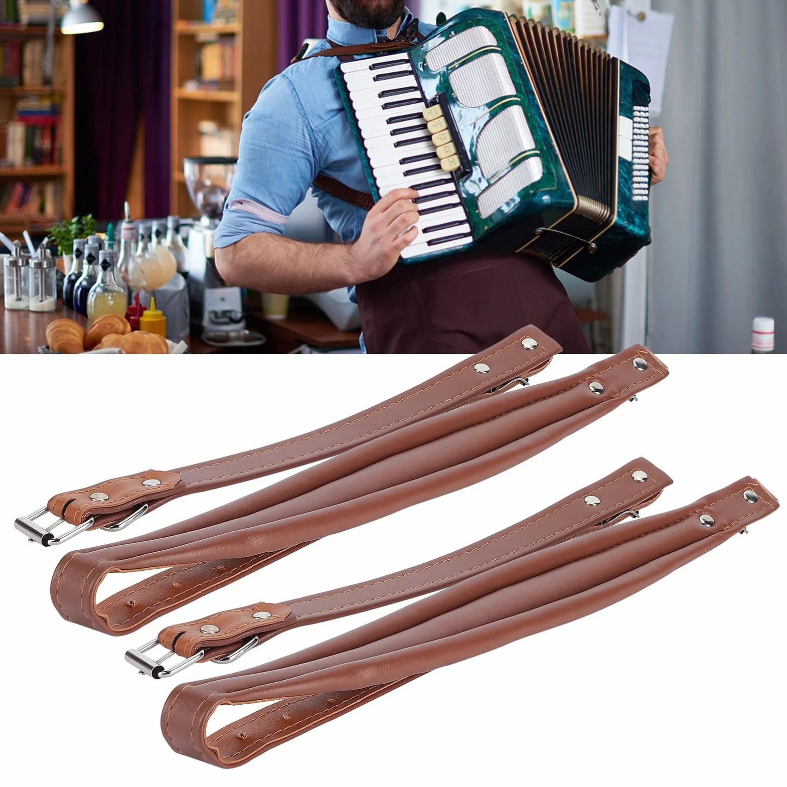 2 Szt. Akordeonowy Pasek na Ramię 83-110cm Regulowana Długość Miękkie Skórzane Paski PU Akcesoria z Wytrzymałymi Klamrami na 16-120 Bass Coffee