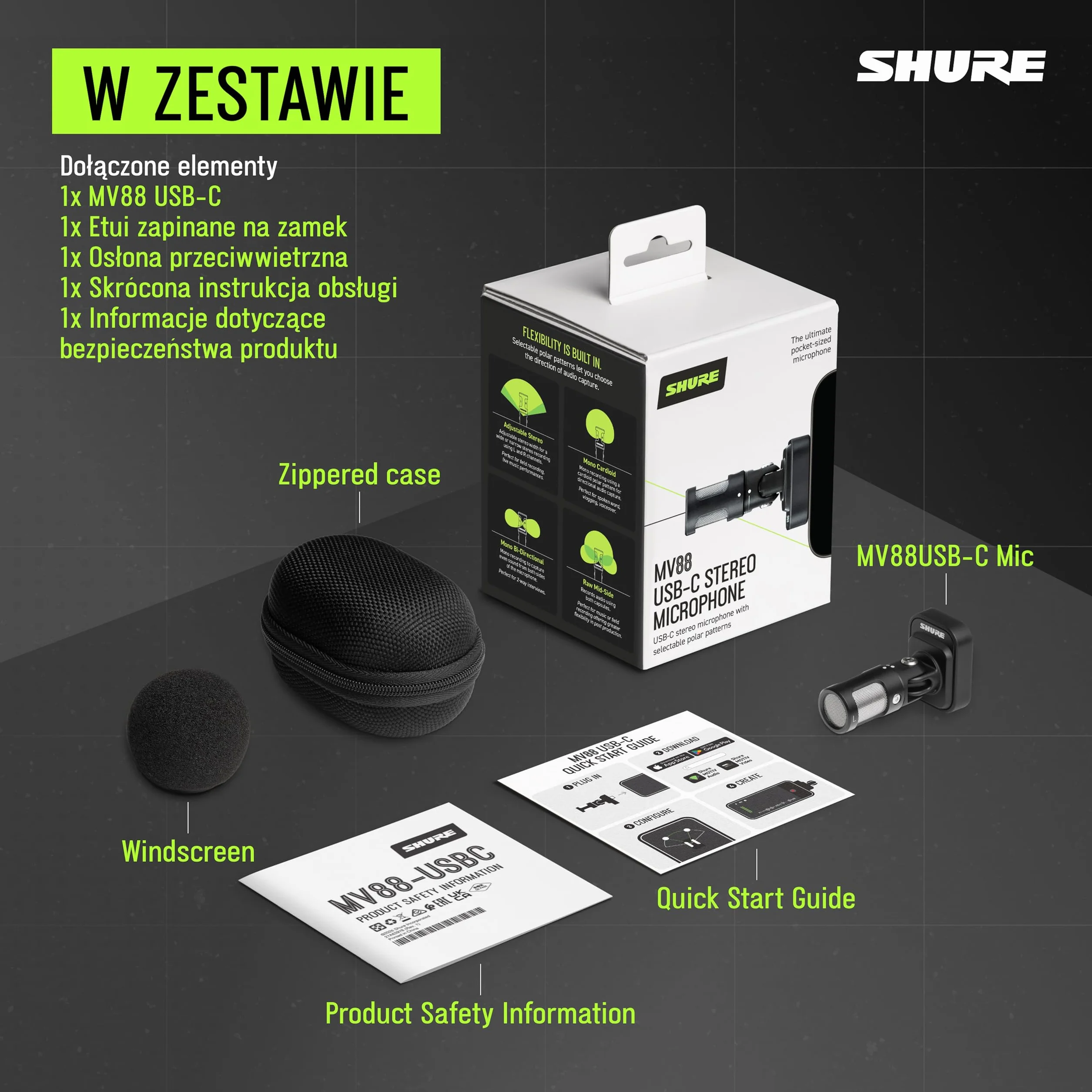Shure MV88 USB-C Mikrofon, do nagrywania i vlogowania na iPhone i Android, z trybem automatycznego poziomu, odszumianiem w czasie rzeczywistym i czterema wzorami biegunowymi - czarny