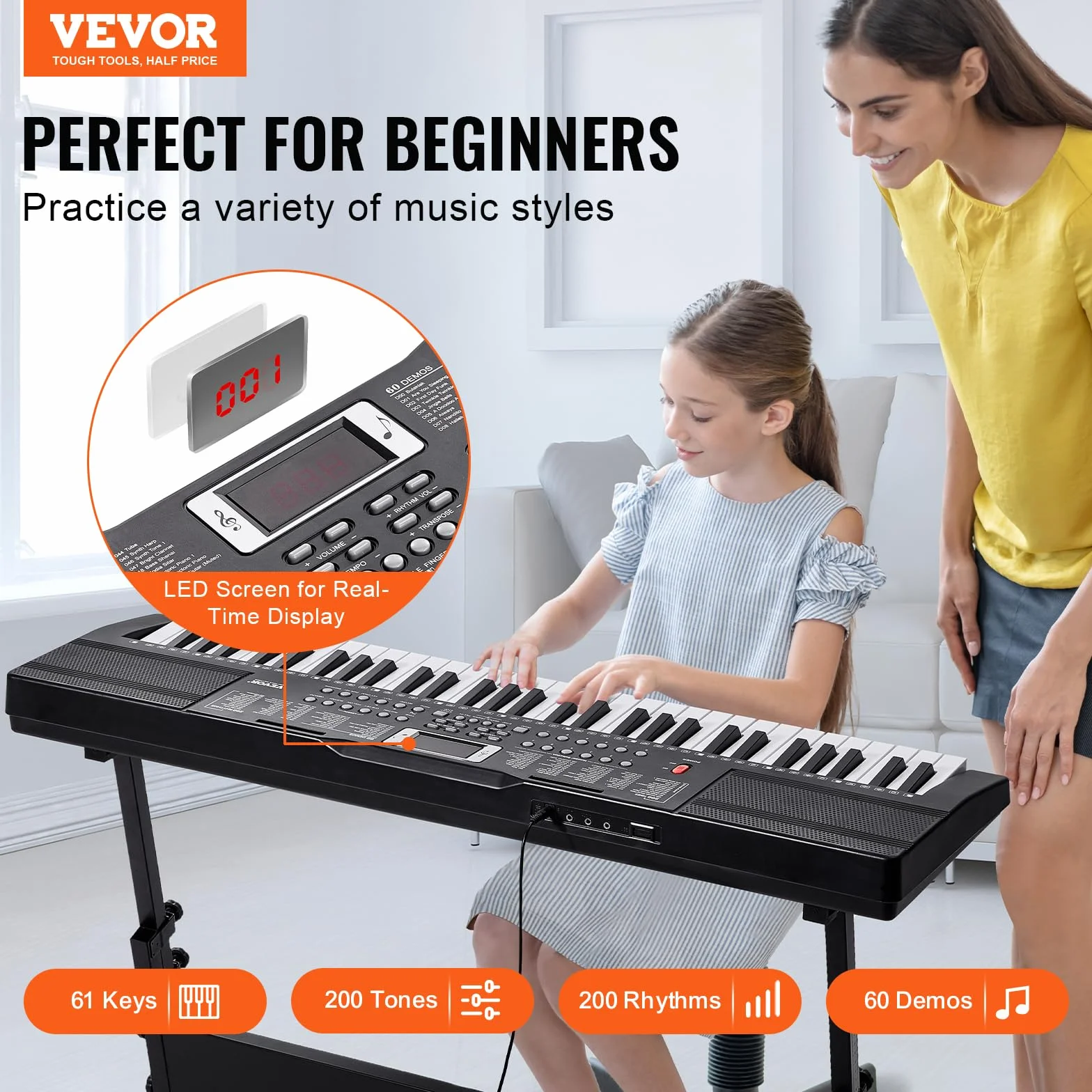 VEVOR Cyfrowy fortepian z 61 klawiszami, 200 dźwiękami, 200 rytmów, przenośny elektryczny zestaw keyboard z 60 piosenkami demo, wbudowanymi podwójnymi głośnikami, słuchawkami, mikrofonem, naklejkami
