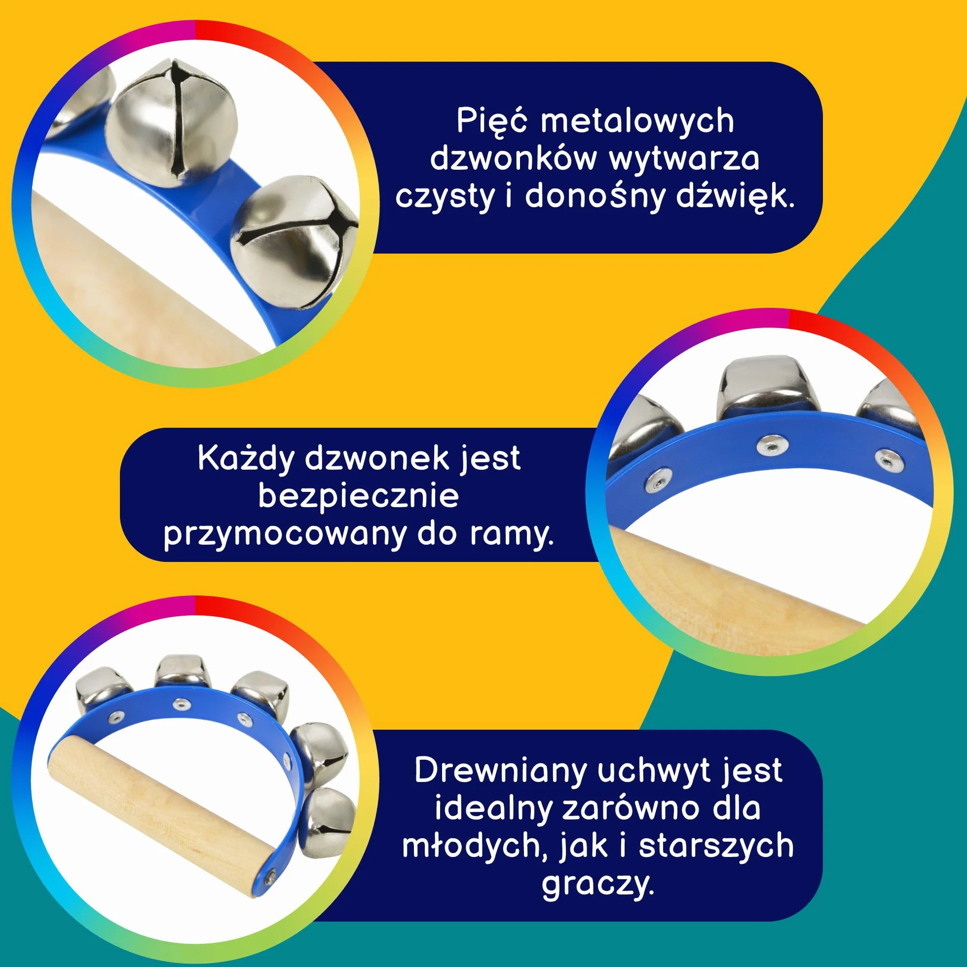 A-Star 5 Bell Jingle Shaking Sleigh Bell Dzwonek ręczny z drewnianą rączką - niebieski
