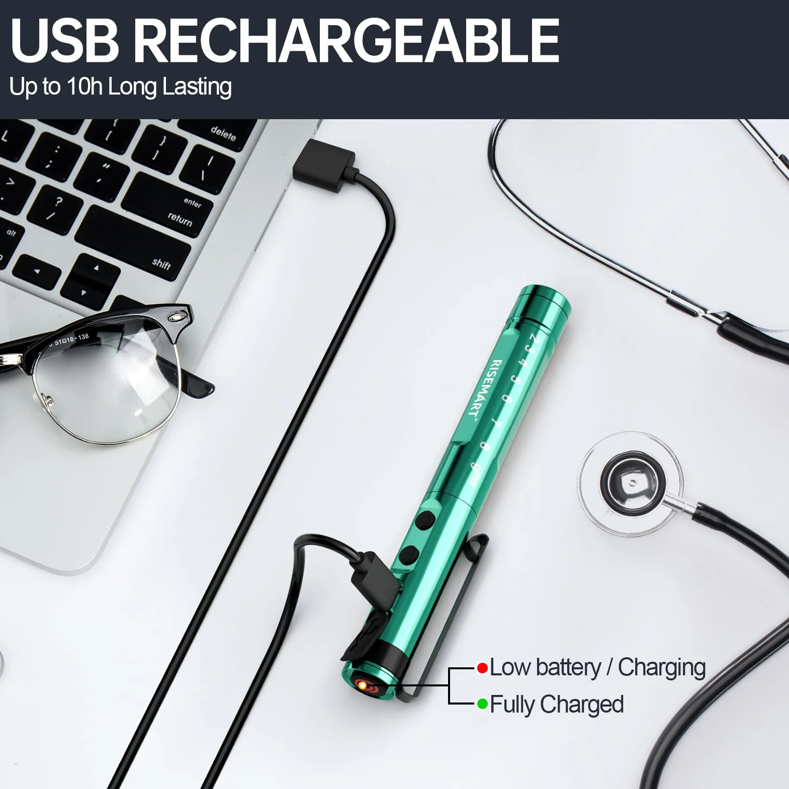Lampa diagnostyczna, medyczna lampa źrenicy LED, z kablem USB, ciepła / zimna biel i bezstopniowe ściemnianie, przenośna, aluminiowa, medyczna lampa źrenicy z klipsem (Mars Green)