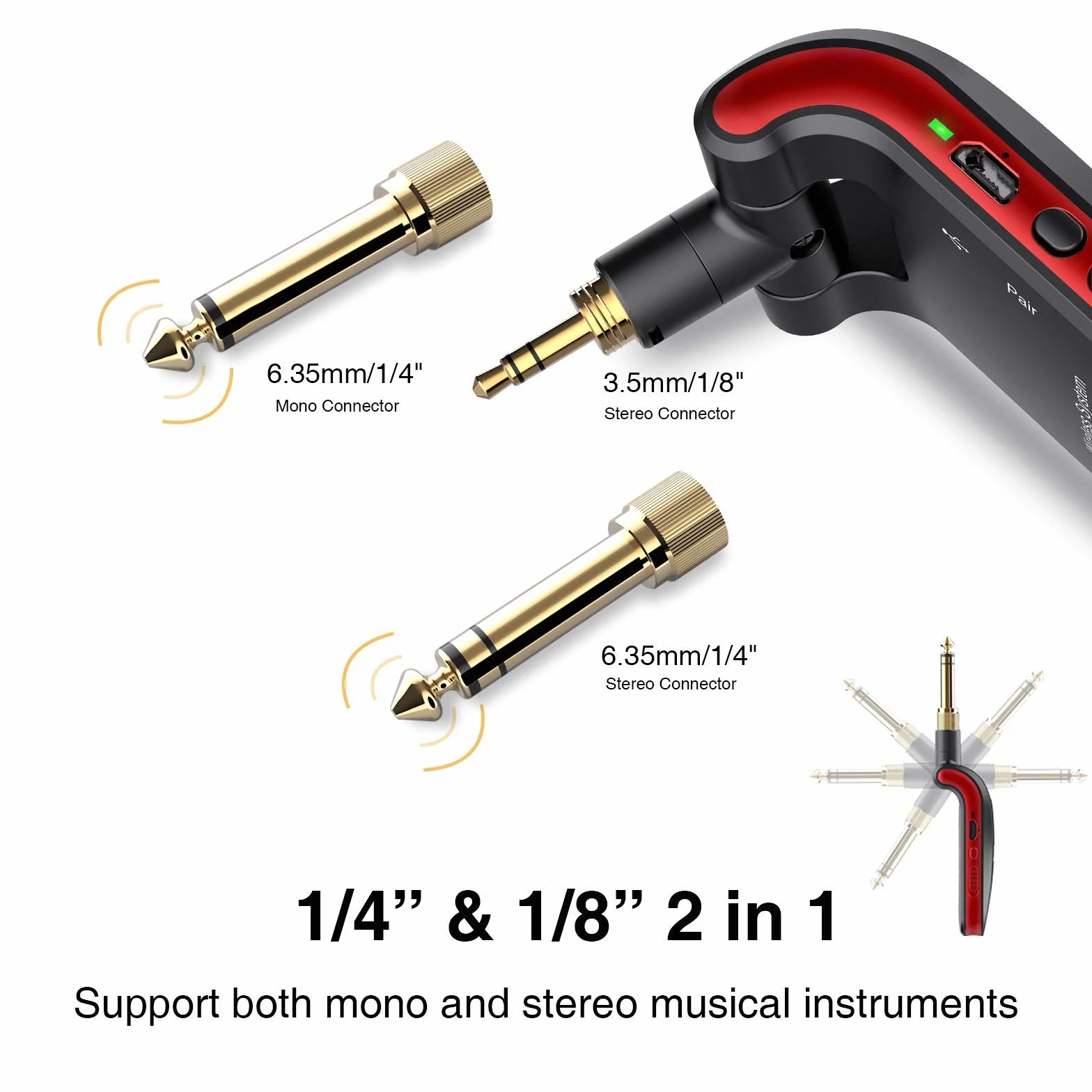 LEKATO Stereo 2,4 GHz bezprzewodowy transmiter gitarowy z wtykami 1/4" i 1/8" do instrumentów dźwiękowych, mono/stereo, wielokrotnego ładowania