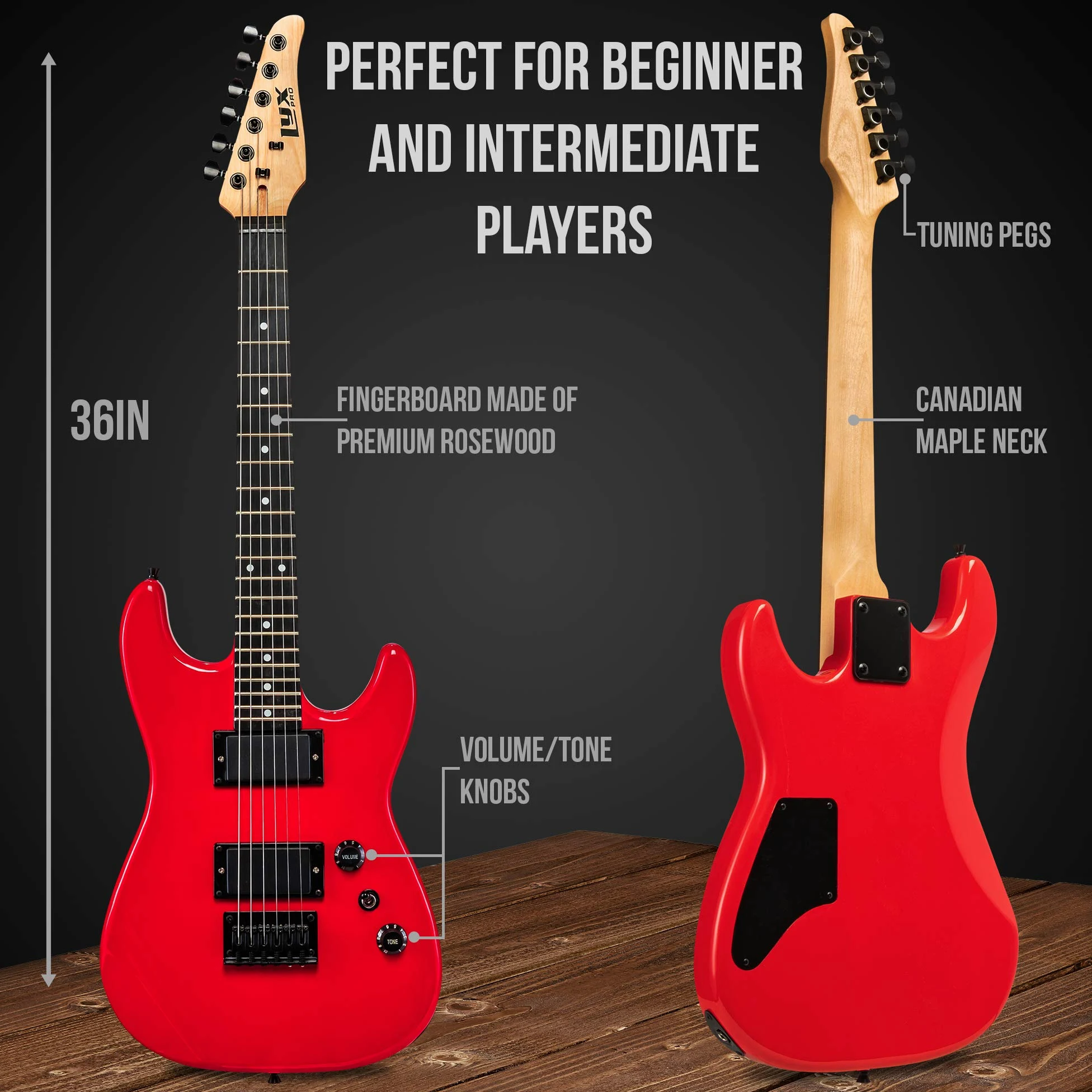 LyxPro Gitara elektryczna 36 cali i zestaw dla dzieci z gitarą dla początkujących, wzmacniaczem, sześcioma strunami, dwoma kostkami, paskiem na ramię, cyfrowym tunerem z klipsem, kablem i miękkim etui