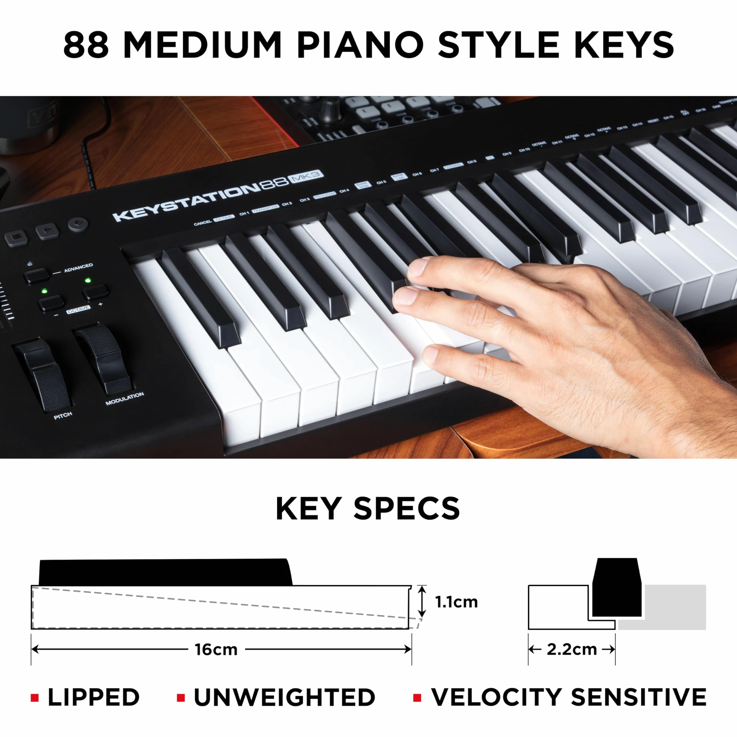 M-AUDIO Keystation 88 MK3 - kontroler MIDI z 88 klawiszami półważonymi do sterowania wirtualnymi syntezatorami i parametrami DAW-ów