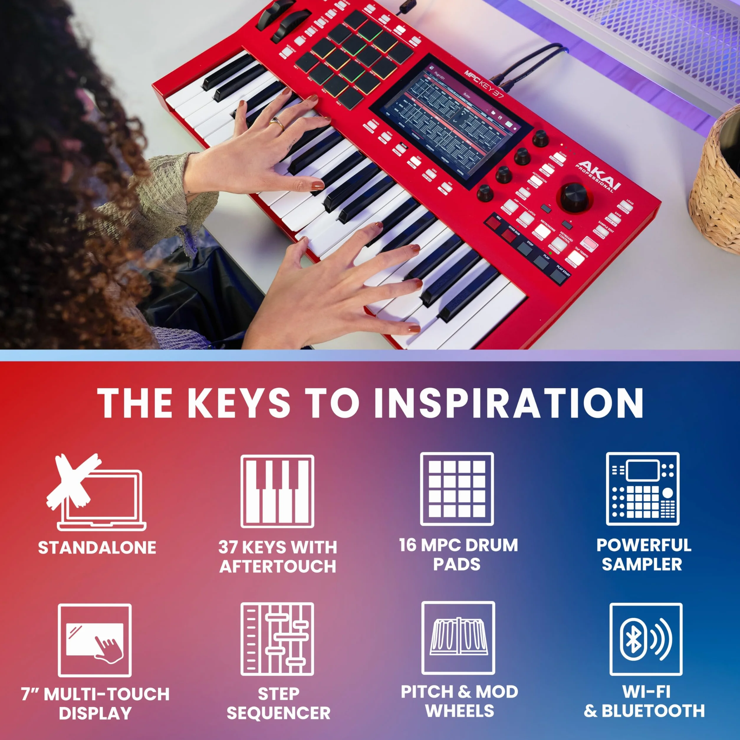Akai Professional MPC Key 37 Samodzielny syntezator produkcyjny, automat perkusyjny, klawiatura MIDI, z Wi-Fi, Bluetooth, ekranem dotykowym, wtyczkami i integracją Native Instruments