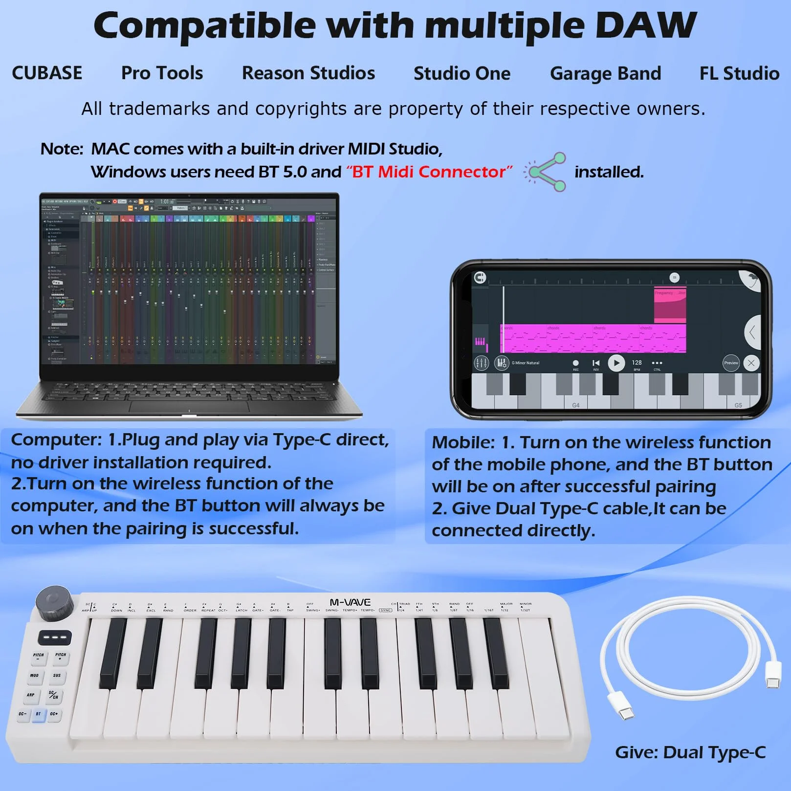M-VAVE 25-klawiszowa mini klawiatura, klawiatura MIDI, profesjonalny Beat Maker i Keytar do produkcji muzycznej, wbudowana bateria, bezprzewodowe połączenie, Biały, mini bez