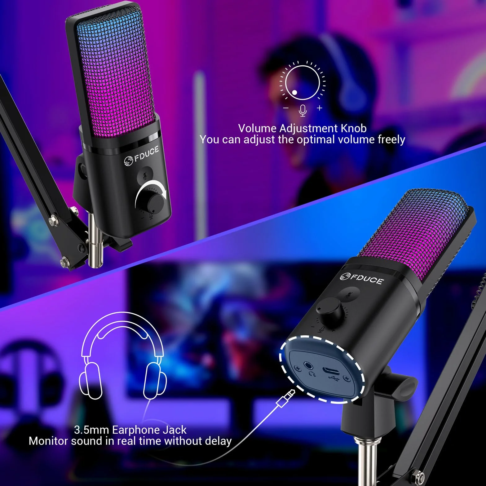 FDUCE M160 Zestaw mikrofonów do gier USB do komputera, pojemnościowy mikrofon podcastowy RGB z gniazdem monitora, szybkie wyciszanie, kontrola wzmocnienia, filtr pop, stojak wysięgnika do nagrywania