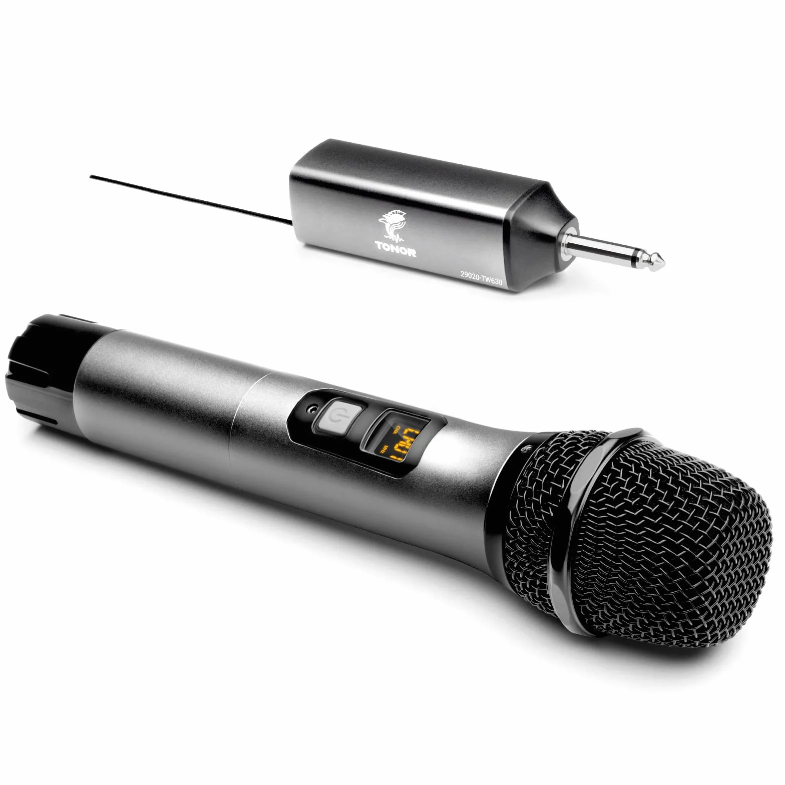 TONOR Mikrofon Bezprzewodowy, Metalowy System Bezprzewodowego Mikrofonu Ręcznego UHF z Odbiornikiem Akumulatorowym, Wyjście 1/4 „ do Wzmacniacza, Systemu PA, Maszyny Karaoke, 60 m (TW620), Srebrny
