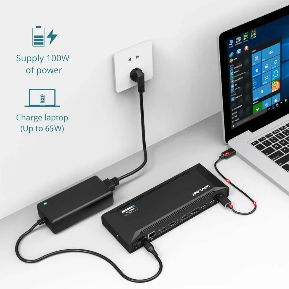 WAVLINK Uniwersalna stacja dokująca USB C 60 W, zasilanie obsługuje podwójne wyjścia wideo 4K (DisplayPort i HDMI, Gigabit Ethernet, wyjście audio i mikrofon, 4 USB 3.0 i 2 porty USB C)