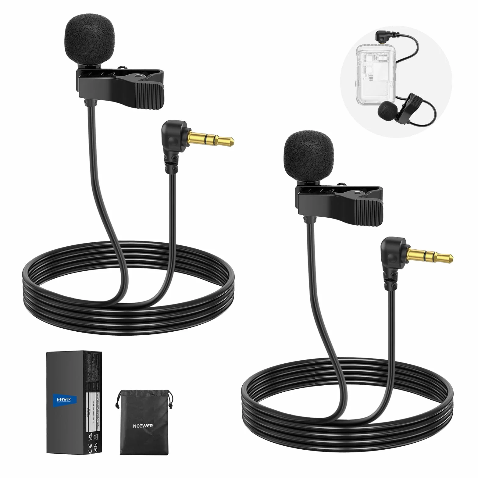 NEEWER Mini mikrofon krawatowy (2 sztuki), 2 m, z klipsem, przewodowy mikrofon pojemnościowy z klapą Lav ze złączem TRS 3,5 mm, kompatybilny z DJI Mic 2 Rode Wireless Go II CM28 CM31, LM5