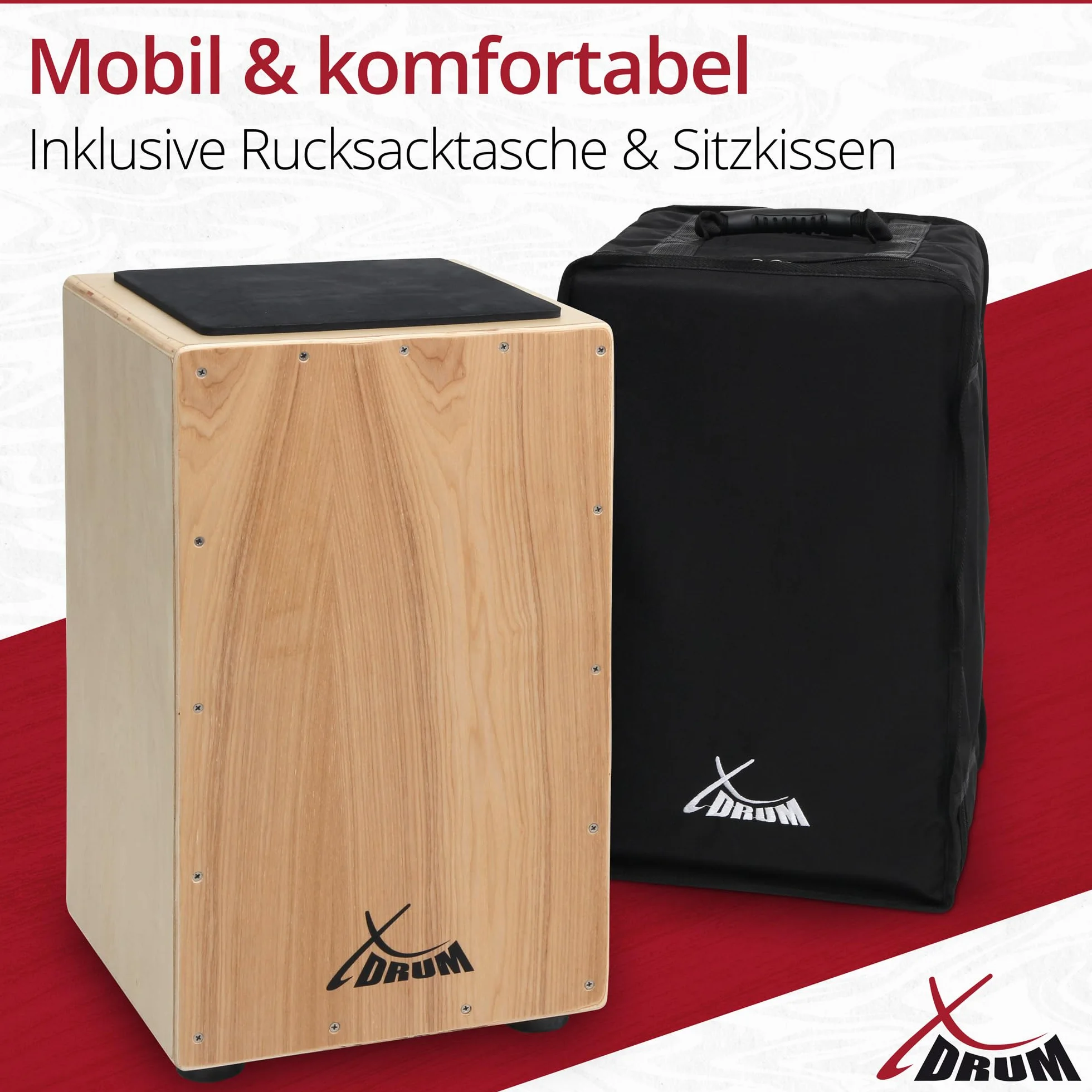 XDrum Primero Cajon naturalny, w tym kieszeń (dźwięk snare, bęben pudełkowy, pudełko perkusyjne, drewno, w tym torba Gig Bag i klucz imbusowy)
