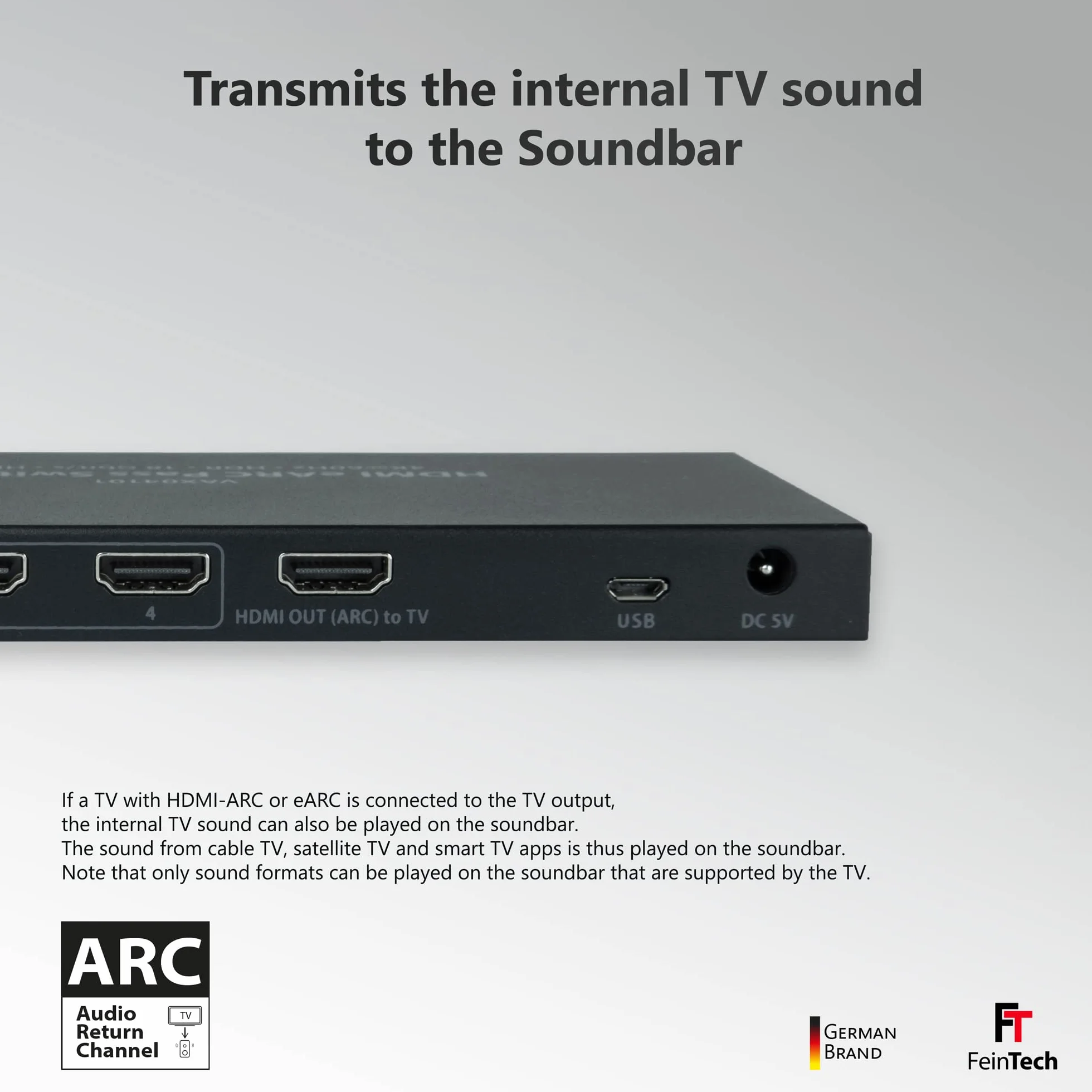 FeinTech VAX04101A HDMI eARC Pass Switch 4 x 1, do 3 źródeł HDMI, soundbar i projektora TV 4K HDR Dolby Atmos