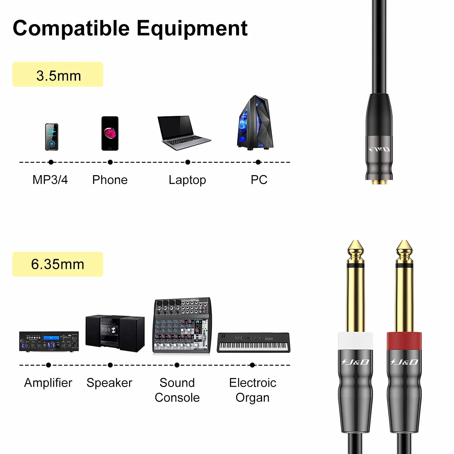 J&D Stereofoniczny kabel audio, Heavy Duty Stereo Audio Kabel 3,5 mm do podwójnego 6.35mm Mono Audio Kabel 3,5 mm 1/8 Żeński do 1/4 Męski do miksera gitarowego fortepianu Wzmacniacz głośnik, 0,9 metr