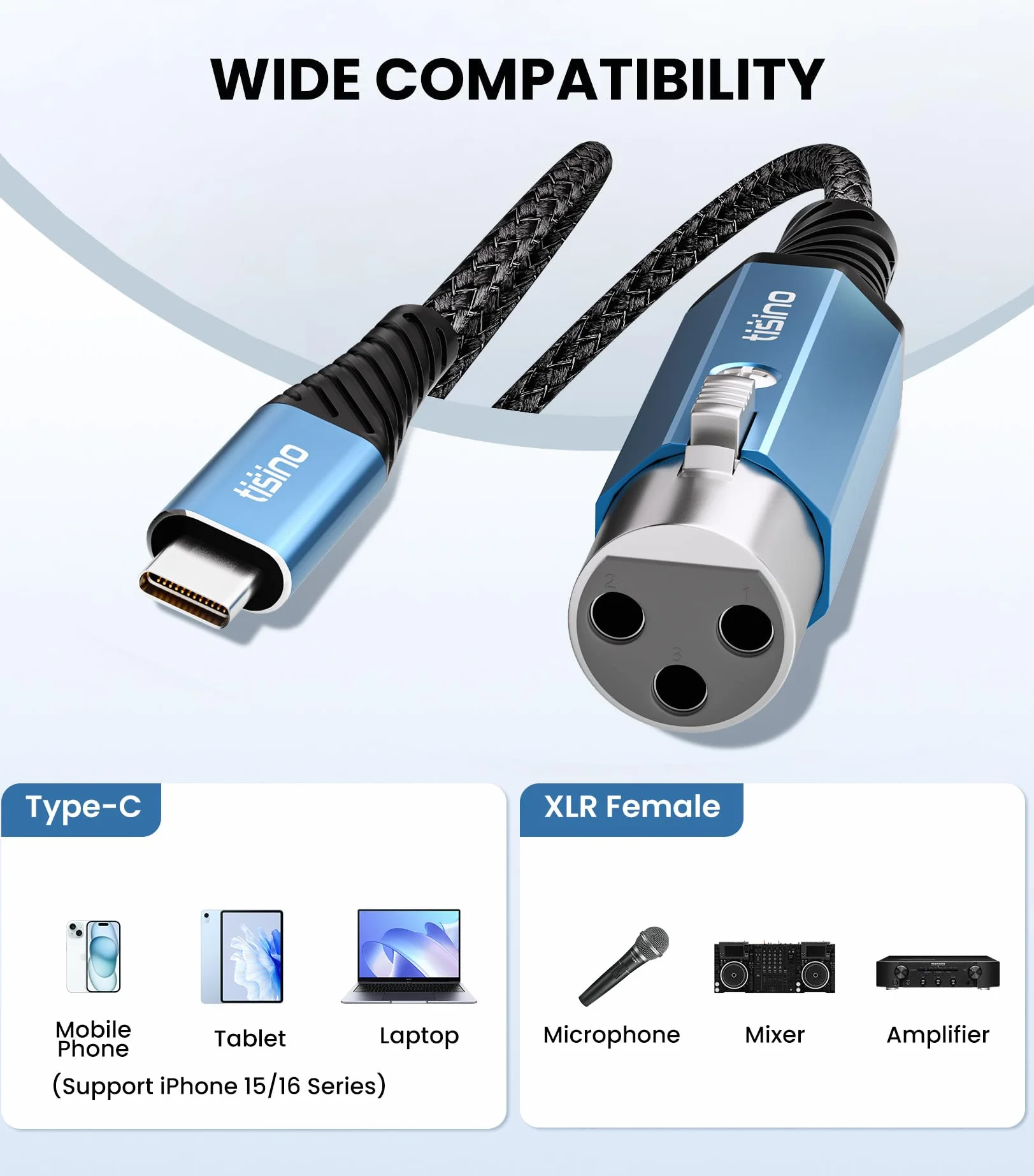 Tisino Kabel mikrofonowy XLR żeński do USB C, 3-pinowy kabel XLR do USB Type C do nagrywania, przewód audio HiFi 32 bit/384 kHz do mikrofonów dynamicznych, laptopa, tabletu, telefonu, iPhone 15/16-2m