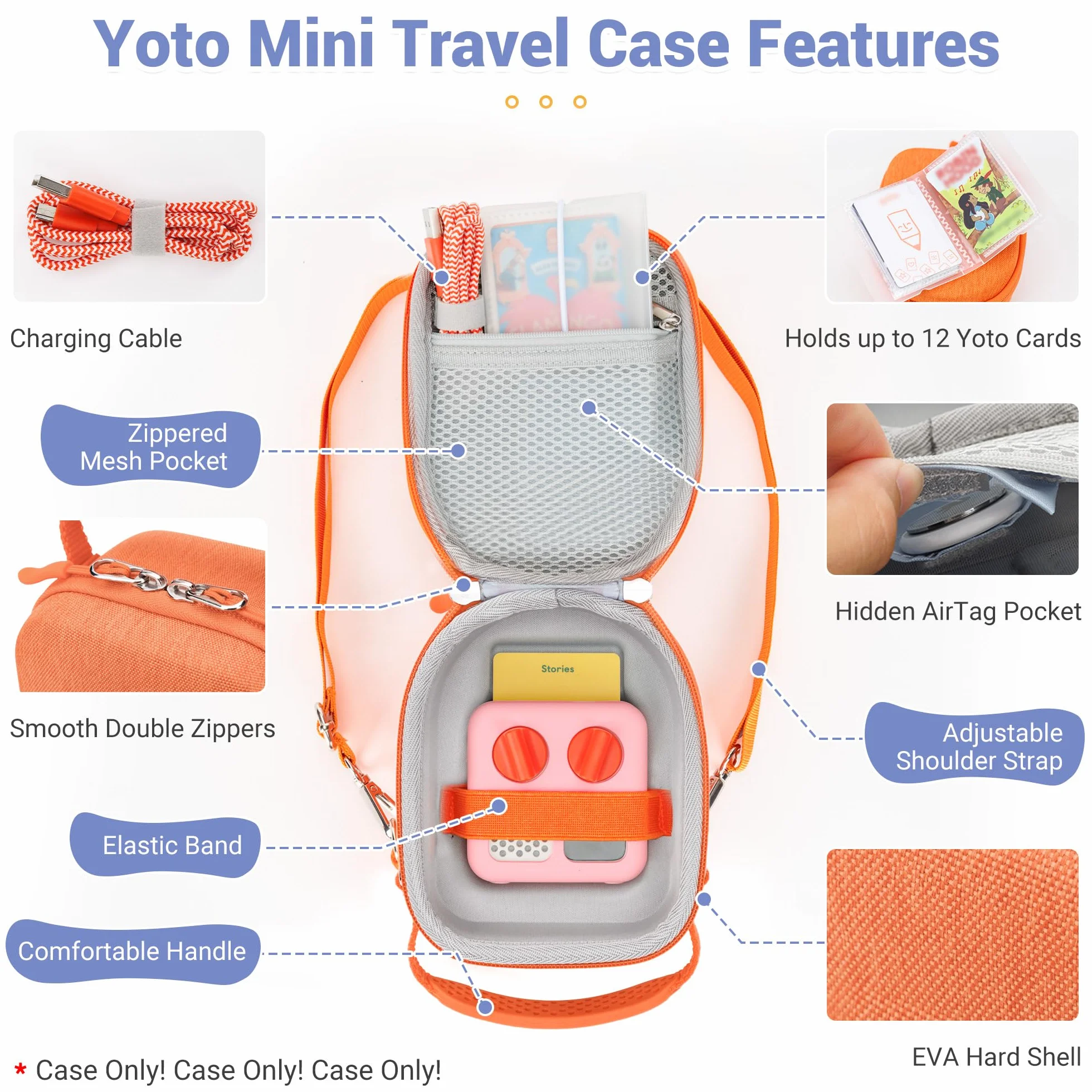 PROfezzion Małe etui podróżne do Yoto Mini, twarda torba do przechowywania EVA Premium z dedykowaną kieszenią na AirTag, dla dzieci, odtwarzacz muzyczny, etui z uchwytem, paskiem na ramię i 1 uchwytem