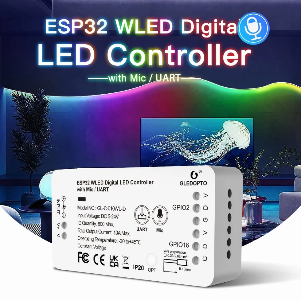 GLEDOPTO ESP32 WLED Kontroler cyfrowy LED Strip Light Controller z funkcją MIC UART Pobierz DC5-24V DIY efekt świetlny 100 + wsparcie WS2811, SK6812, SM16703P, WS2812B Adressabel Listwy świetlne