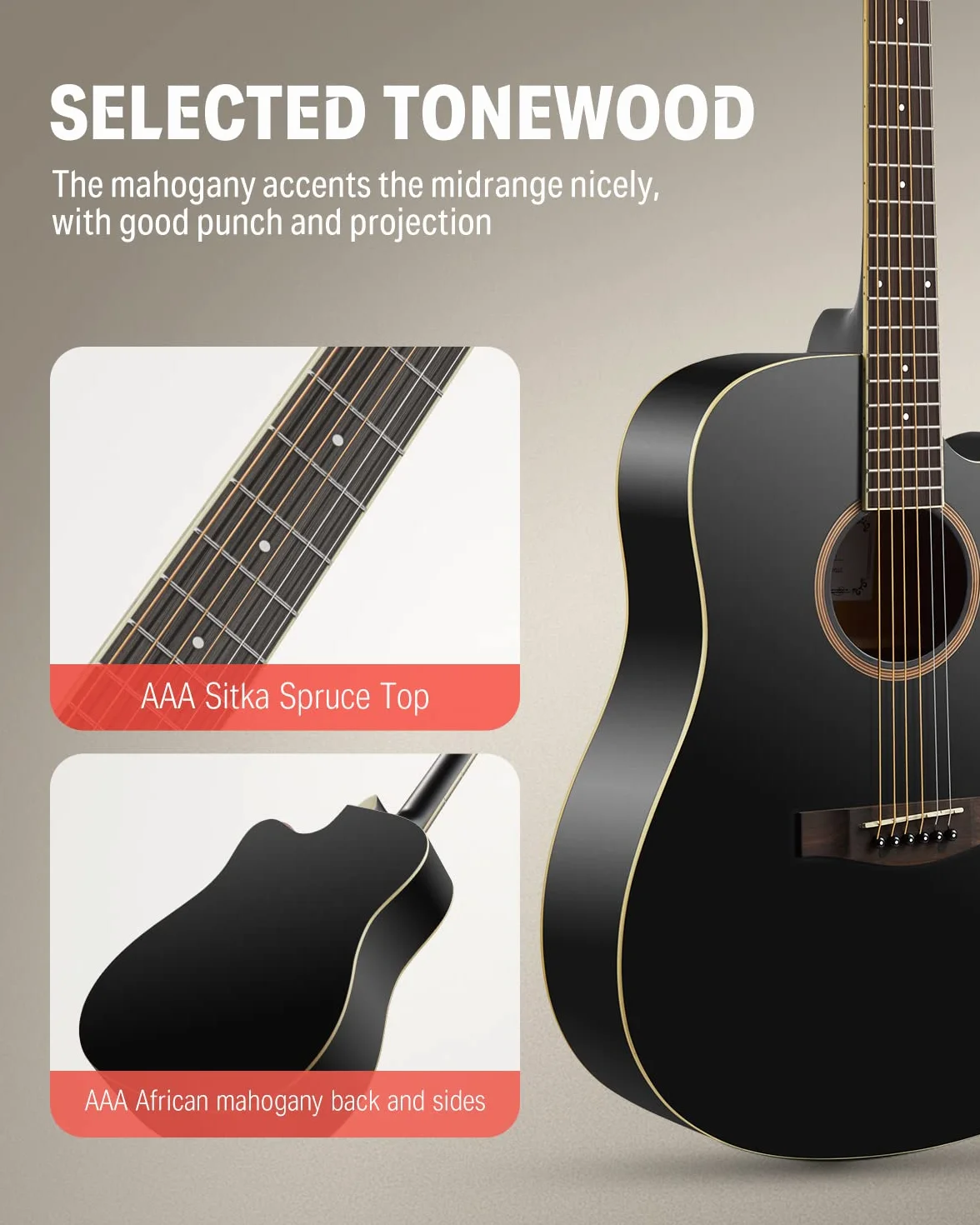 Donner Gitara akustyczna, 4/4 Cutaway, 41 cali, zestaw pełnowymiarowy, z paskiem Gigbag Capo, strunami (czarny)