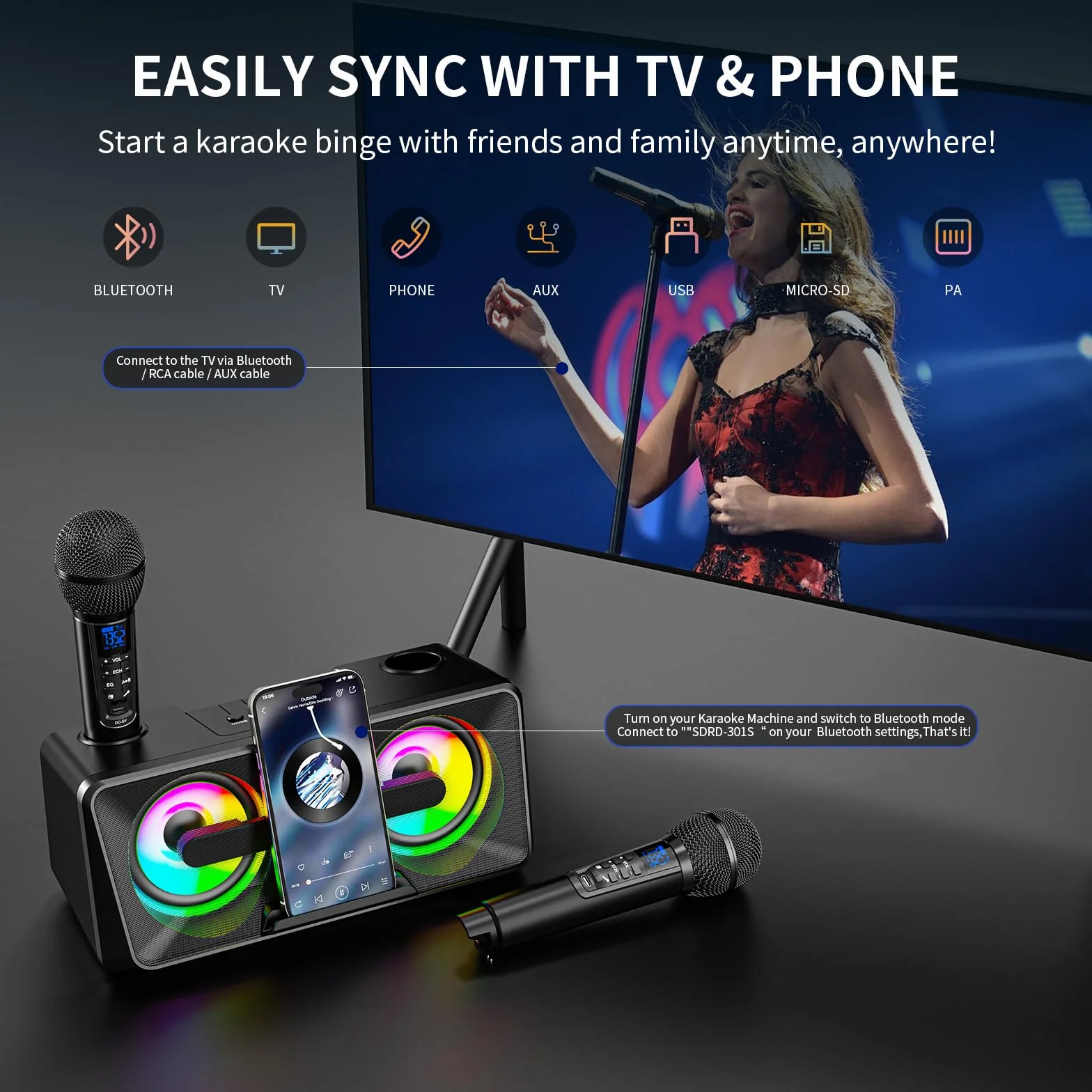 Maszyna do karaoke dla dorosłych i dzieci, 2 mikrofony UHF, głośniki Bluetooth, system PA z lampami, uchwyt na telefon, idealna na imprezę, piknik,