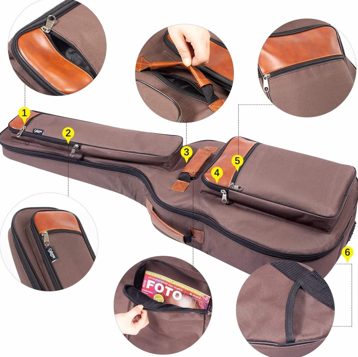 CAHAYA pokrowiec na gitarę akustyczną Gig Bag, 40"/41"/42", wodoszczelny pokrowiec na gitarę Bag Braun, 12 mm, wyściełany, do gitary koncertowej ulepszona wersja CY0150