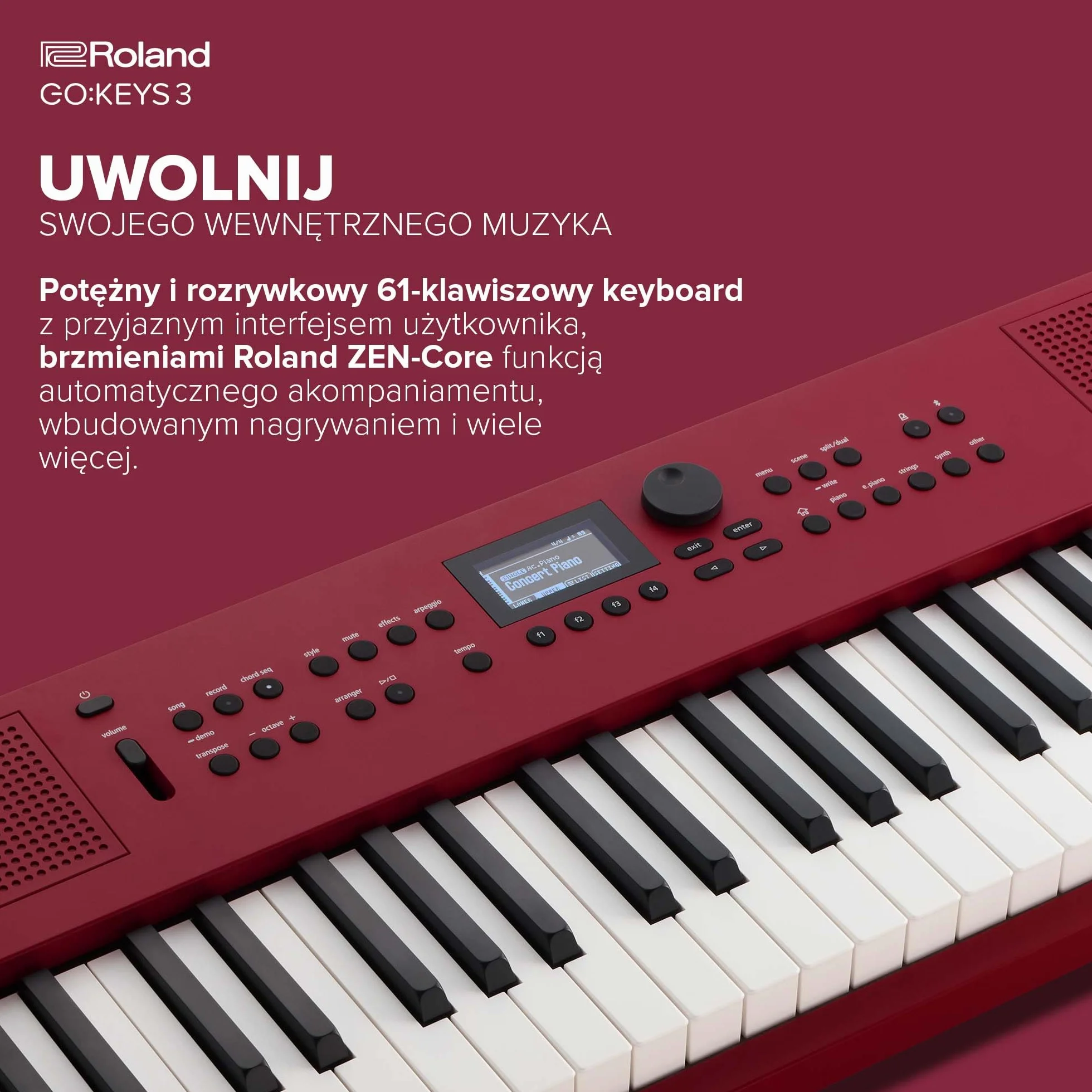 Roland GO:KEYS 3 Keyboard do Tworzenia Muzyki, 61-Klawiszowa Klawiatura, Silnik ZEN-Core z ponad 1000 Wbudowanymi Dźwiękami, Wbudowane Głośniki Stereo - Ciemnoczerwony