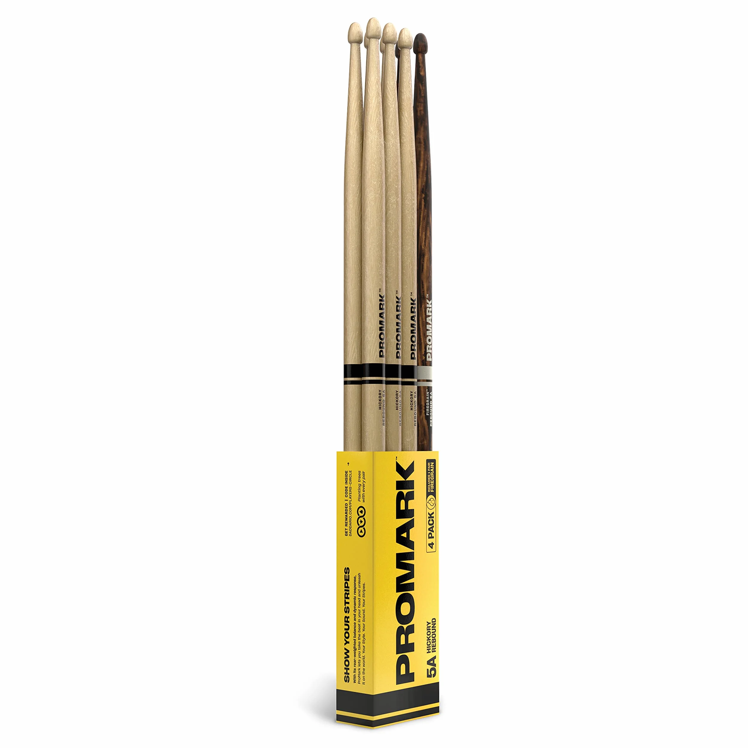 ProMark Rebound 5A Hickory Drumstick, końcówka z drewna żołędziowego, bonus FireGrain 4-pak